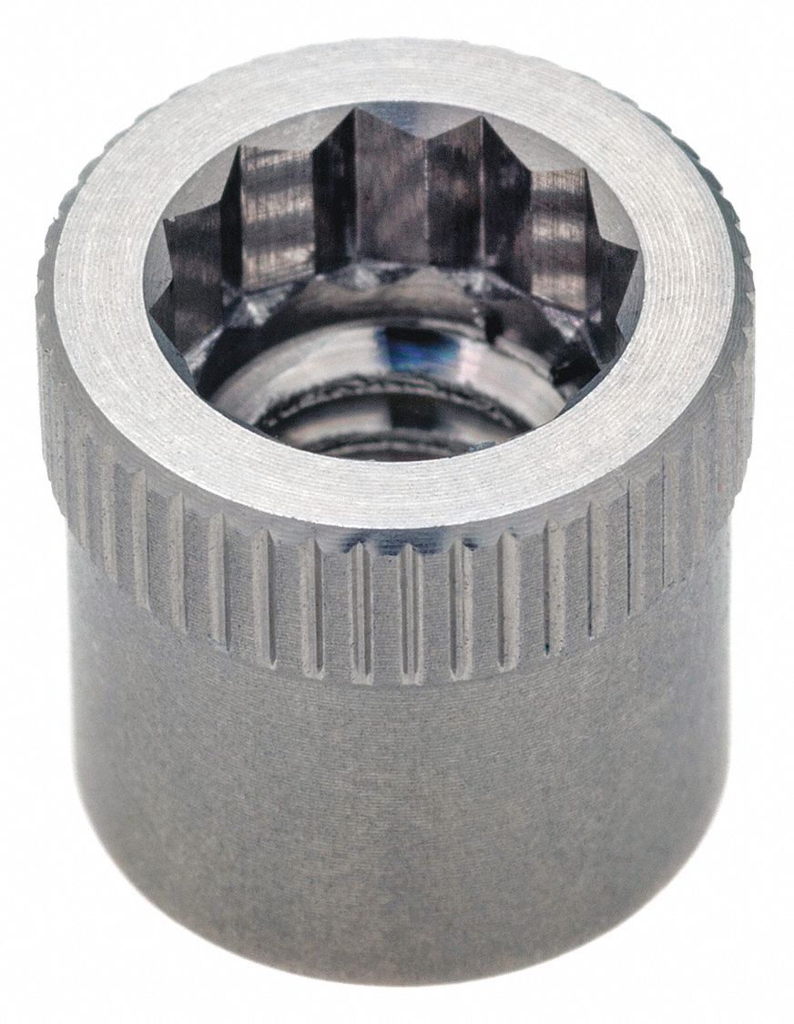 Threaded Insert: M18-2.50 Thread Size, 0.986 in Dia, 1 1/64 in Overall Lg,  Knurled, Plain