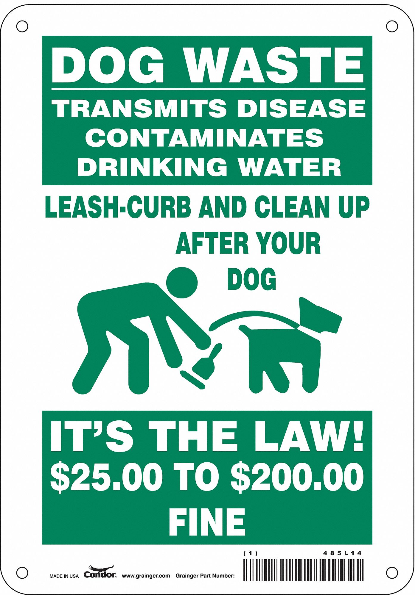 SAFETY SIGN, AL, HOLE MOUNT, 10X7 IN, 0.032 IN THICK, DOG WASTE TRANSMITS DISEASE CONTAMINATES DRINKING WATER LEASH-C...