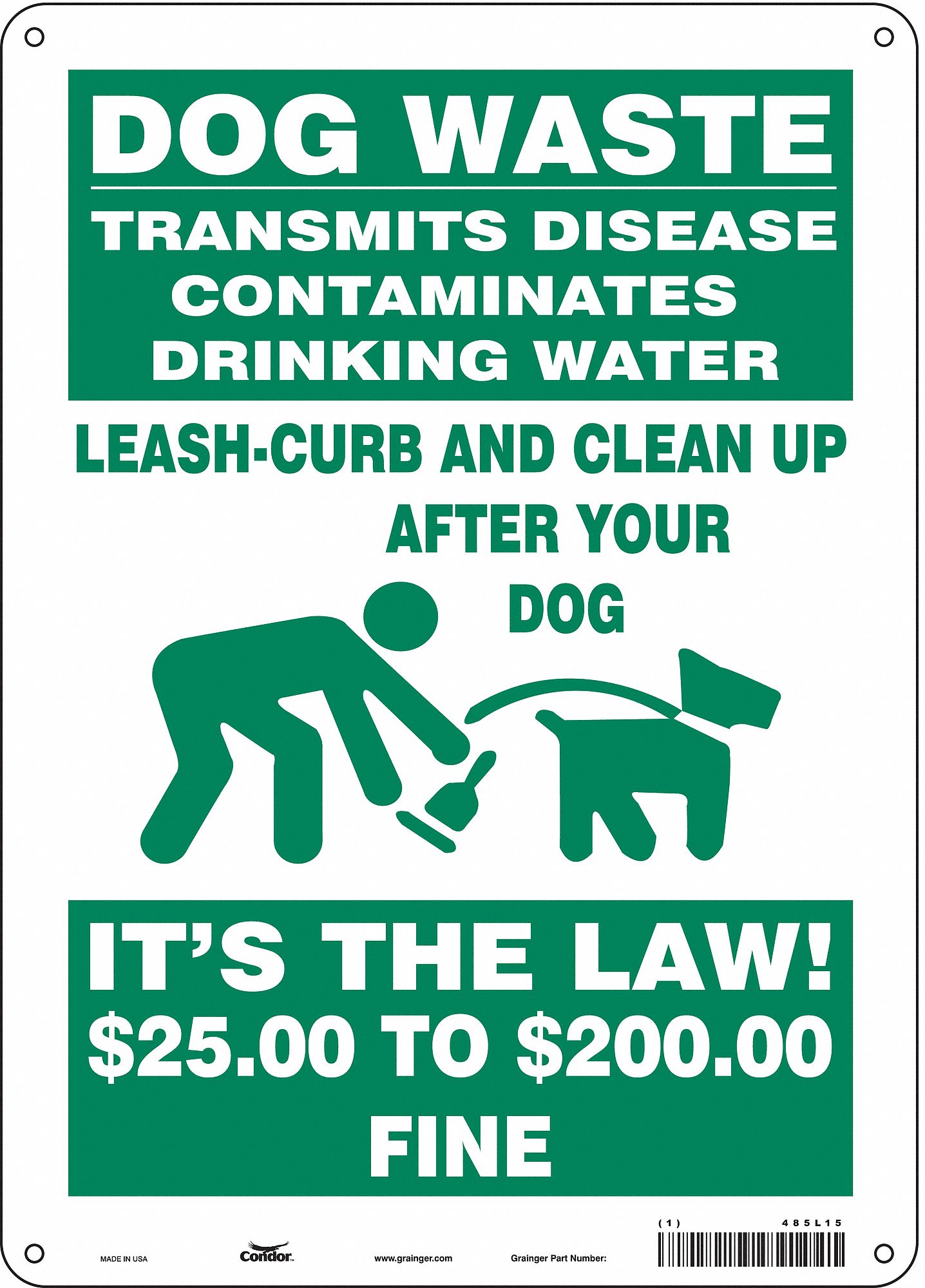 SAFETY SIGN, AL, HOLE MOUNT, 14X10 IN, 0.032 IN THICK, DOG WASTE TRANSMITS DISEASE CONTAMINATES DRINKING WATER LEASH-...