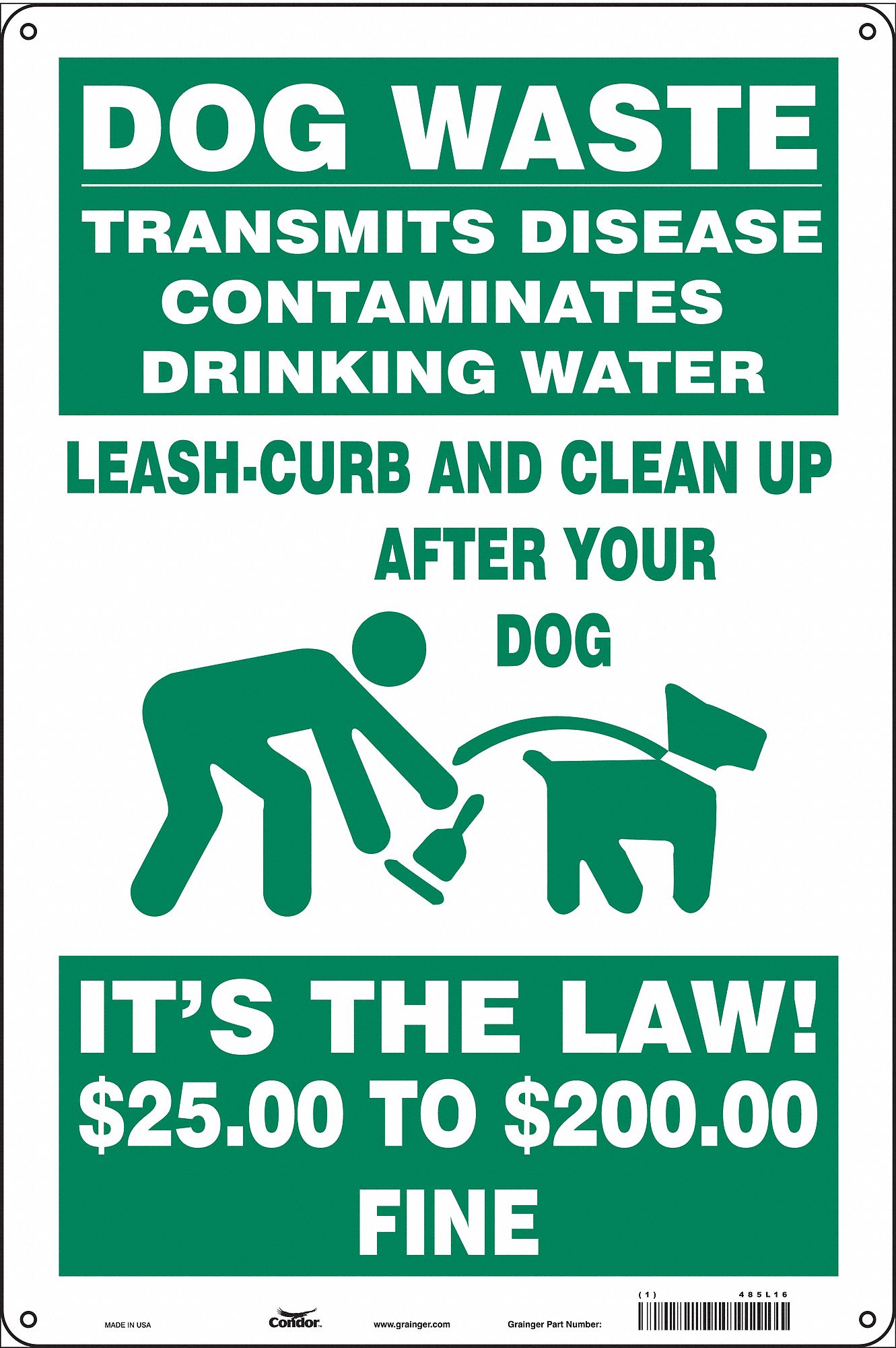 SAFETY SIGN, AL, HOLE MOUNT, 18X12 IN, 0.032 IN THICK, DOG WASTE TRANSMITS DISEASE CONTAMINATES DRINKING WATER LEASH-...