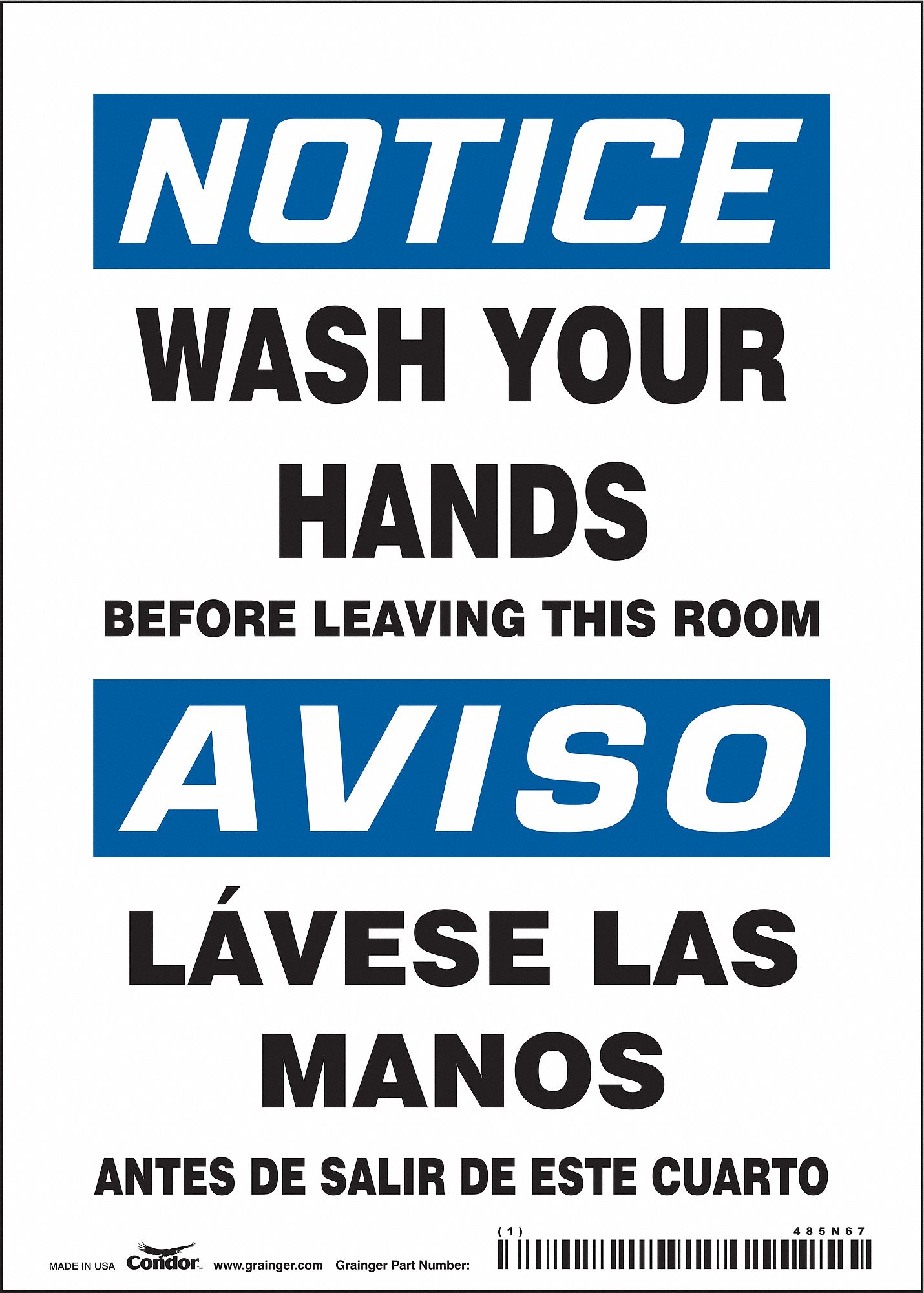 SAFETY SIGN, VINYL, ADHESIVE, 7X5 IN, NOT RETROREFLECTIVE, WASH YOUR HANDS BEFORE LEAVING THIS ROOM/LAVESE LAS MANOS...