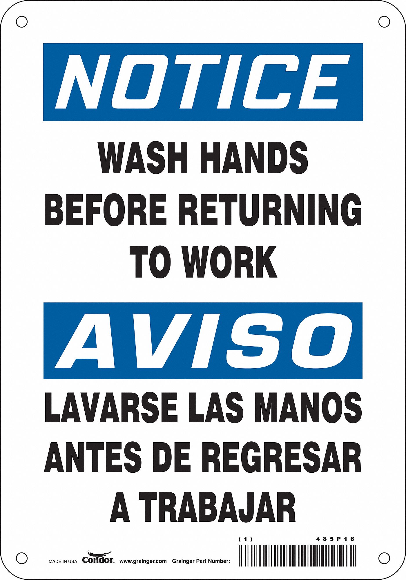 Safety Sign: Polyethylene, Mounting Holes Sign Mounting, 10 in x 7 in Nominal Sign Size, White