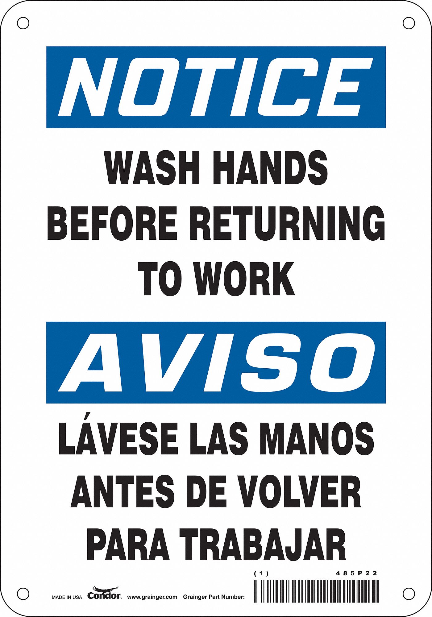 Safety Sign: Polyethylene, Mounting Holes Sign Mounting, 10 in x 7 in Nominal Sign Size, White