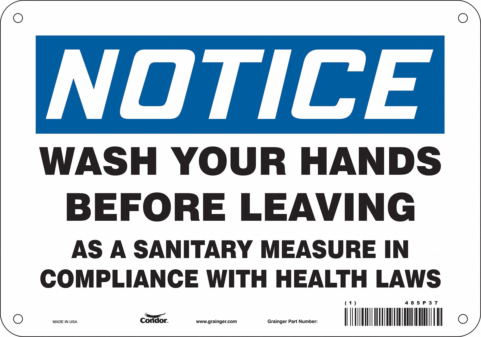Safety Sign: Polyethylene, Mounting Holes Sign Mounting, 7 in x 10 in Nominal Sign Size, White