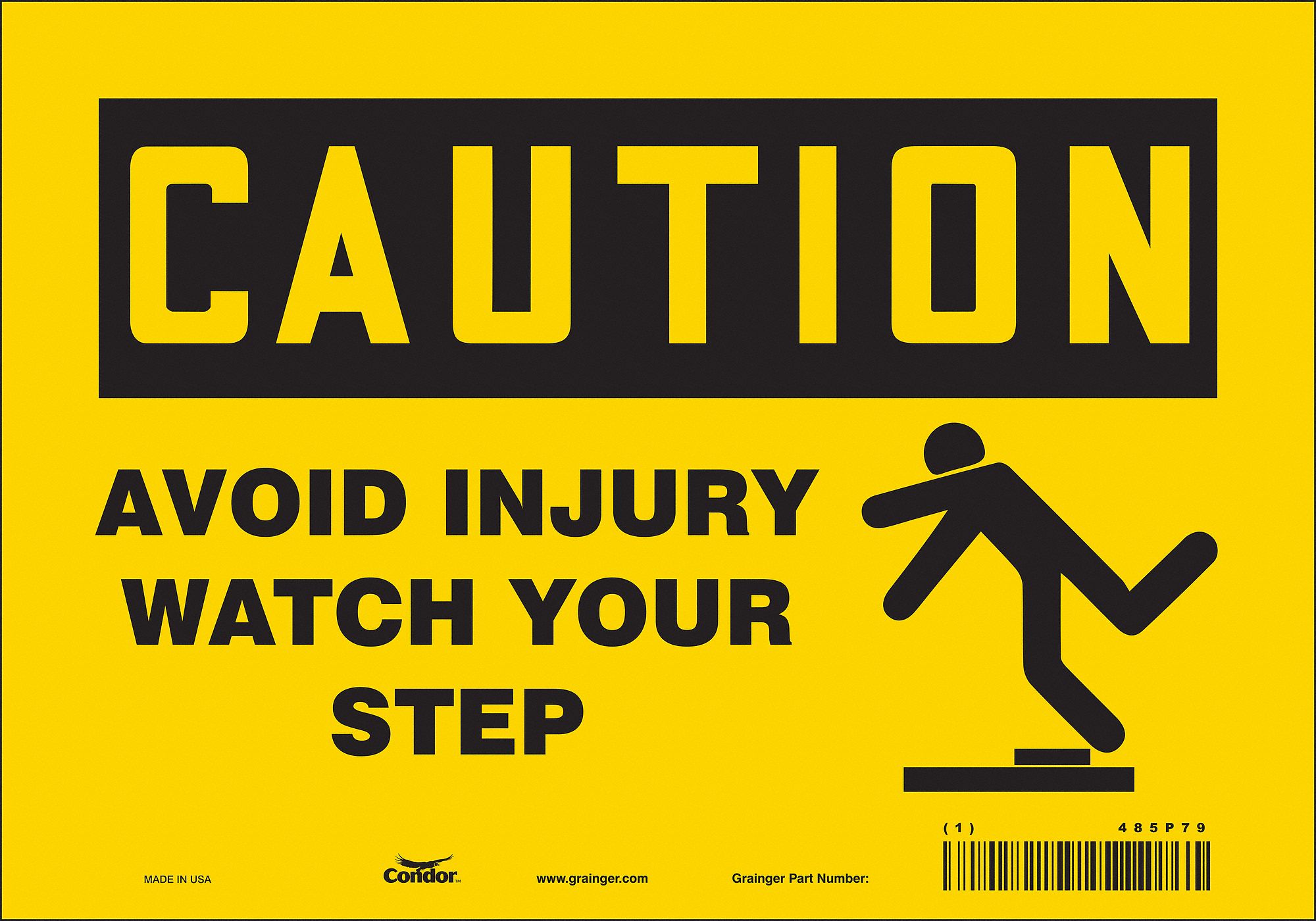 SAFETY SIGN, VINYL, ADHESIVE MOUNT, 7 IN X 10 IN NOMINAL SIGN SIZE, NOT RETROREFLECTIVE, AVOID INJURY WATCH YOUR STEP