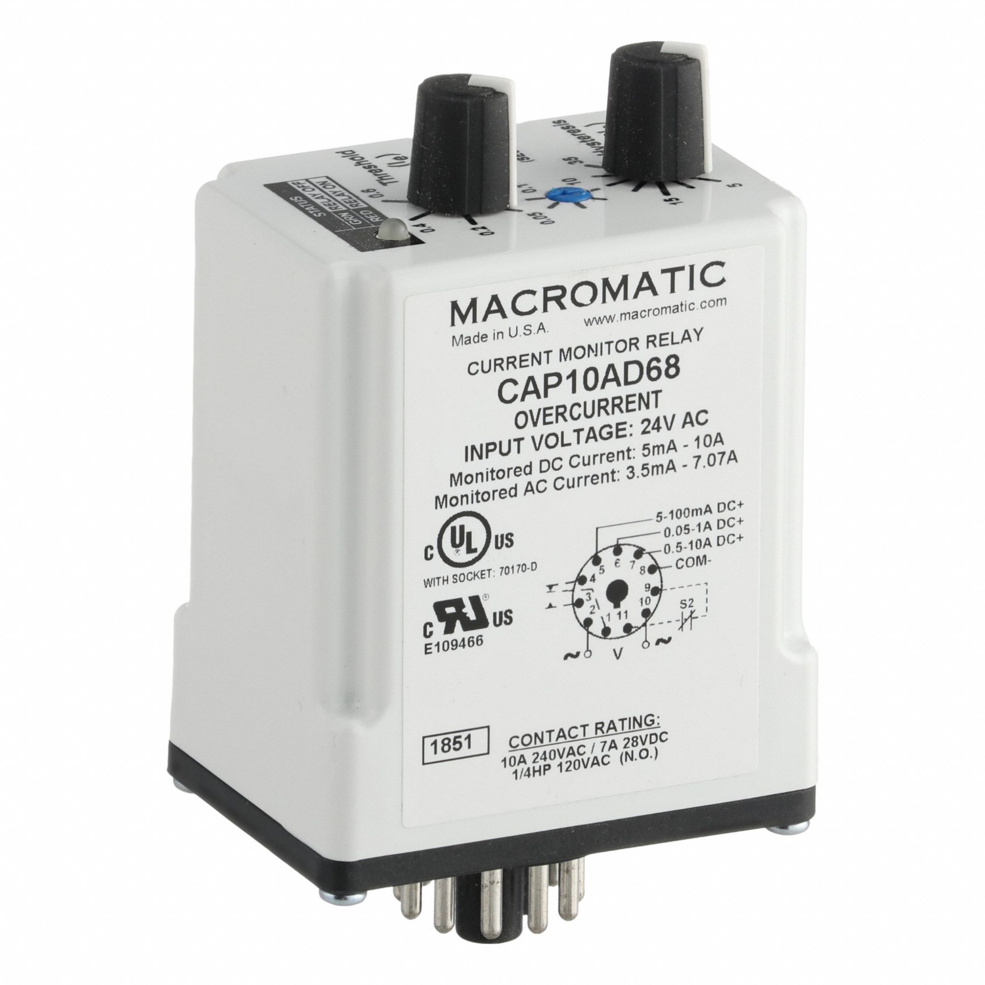 MACROMATIC, Socket Mounted, 10 A Current Rating, Current Sensor Relay ...