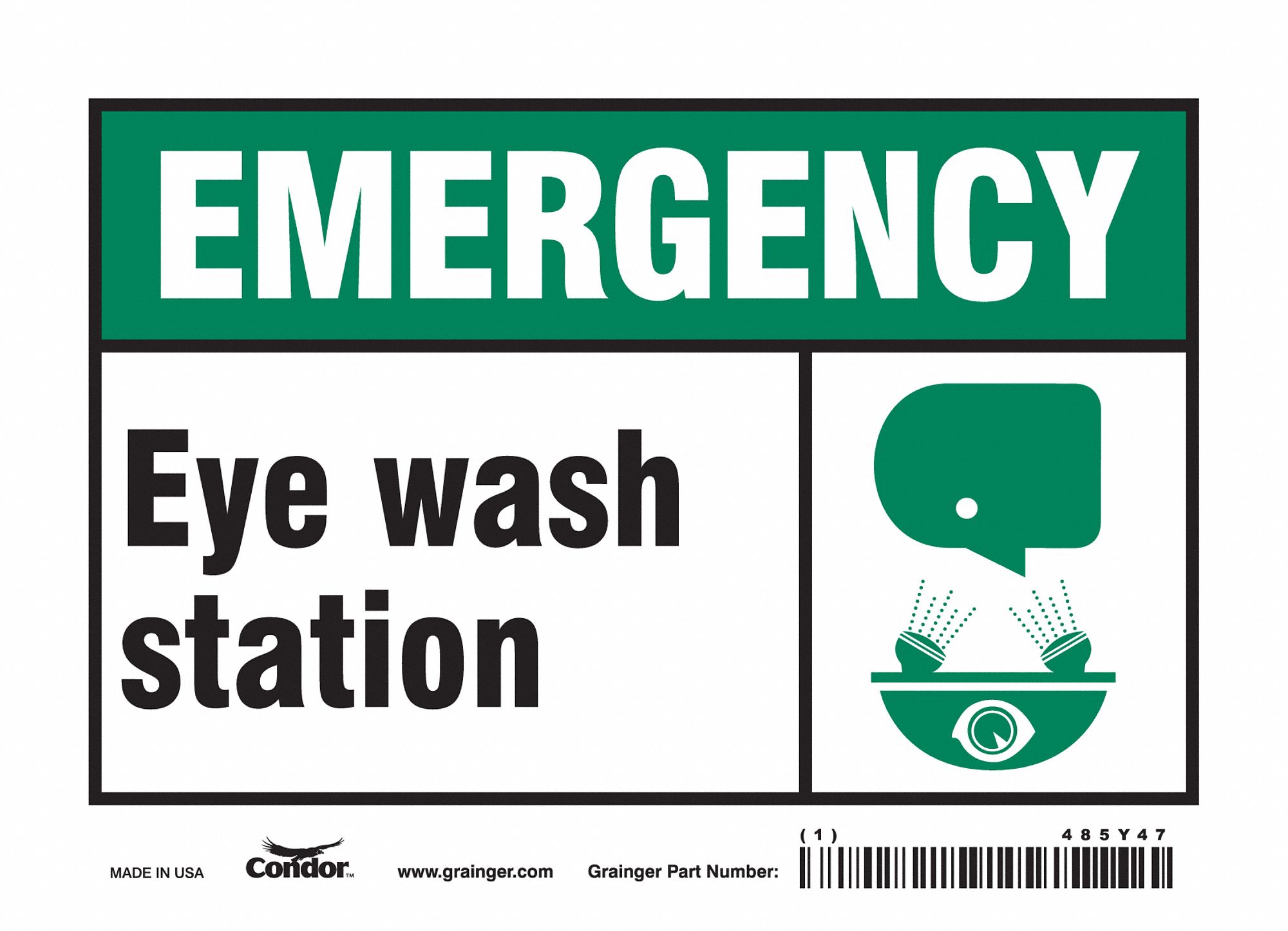 SAFETY SIGN, VINYL, ADHESIVE MOUNT, 5 IN X 7 IN NOMINAL SIGN SIZE, NOT RETROREFLECTIVE, EYE WASH STATION