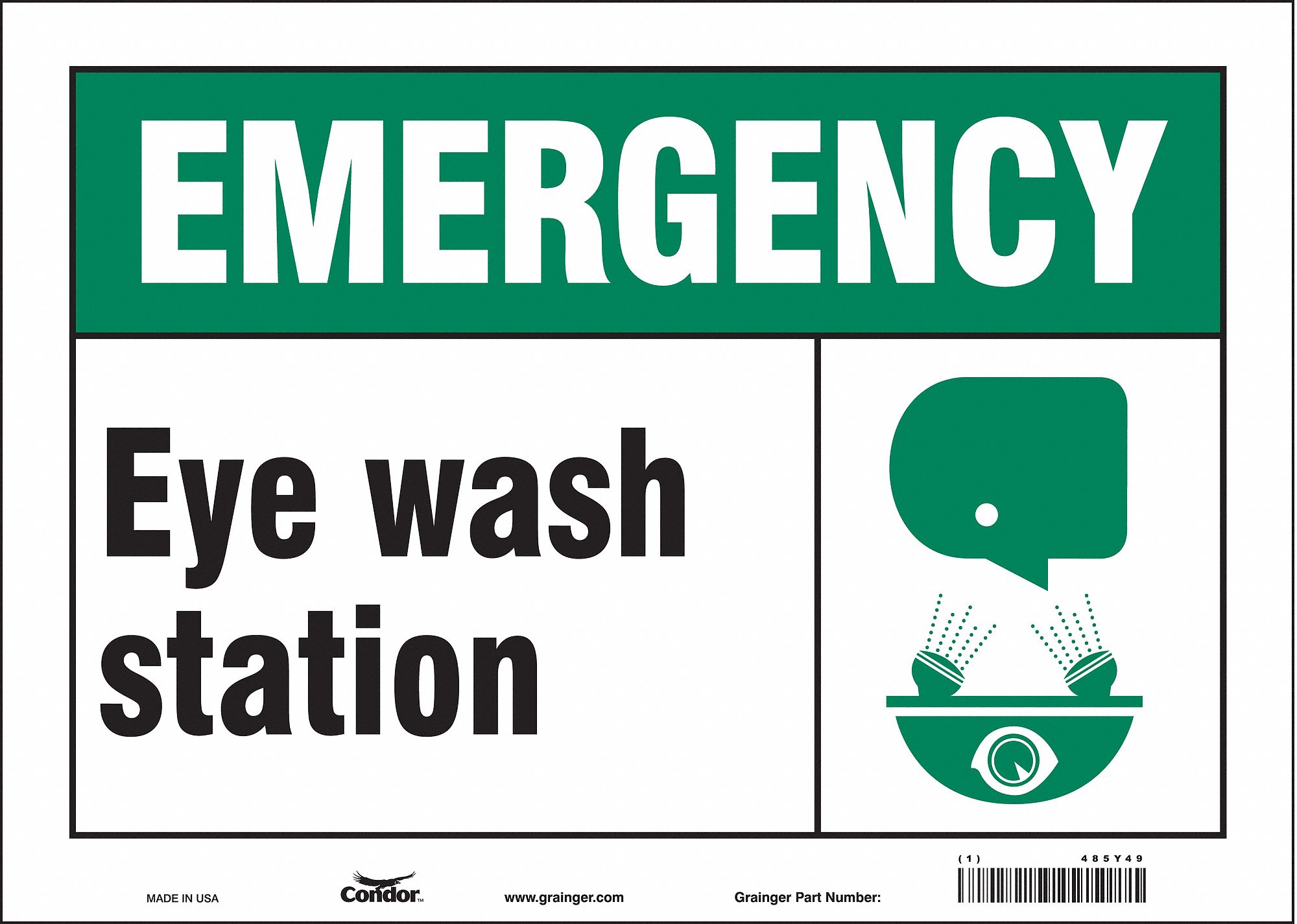 SAFETY SIGN, VINYL, ADHESIVE MOUNT, 10 IN X 14 IN NOMINAL SIGN SIZE, NOT RETROREFLECTIVE, EYE WASH STATION