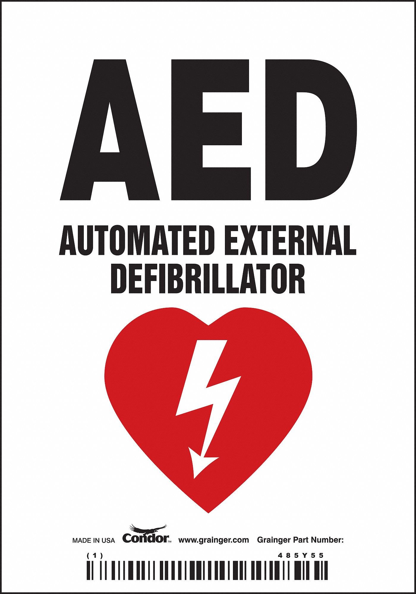CONDOR First Aid Sign, AED Automated External Defibrillator, Sign Header No Header, Vinyl