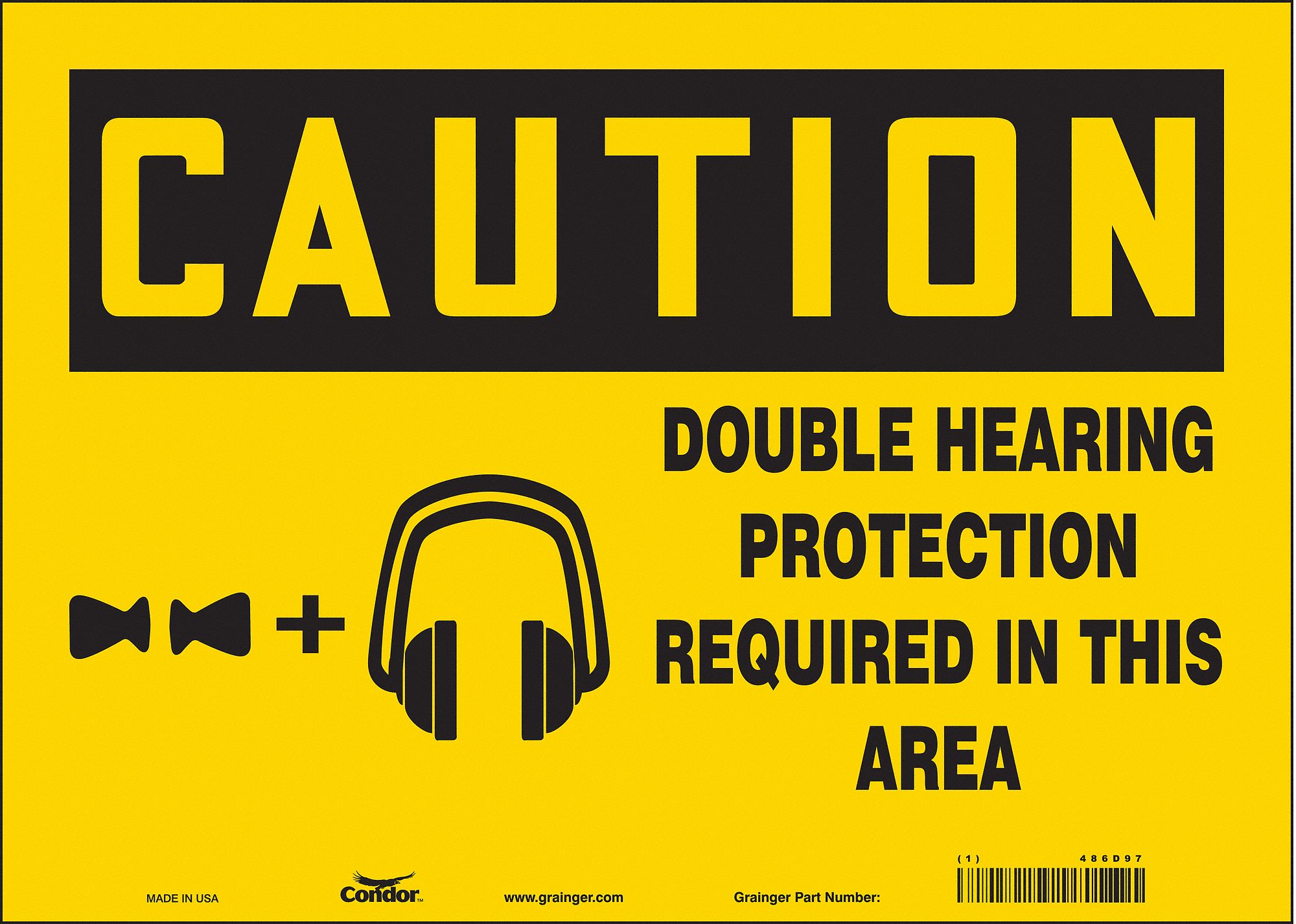 SAFETY SIGN, VINYL, ADHESIVE MOUNT, 10 X 14 IN, NOT RETROREFLECTIVE, DOUBLE HEARING PROTECTION REQUIRED IN THIS AREA