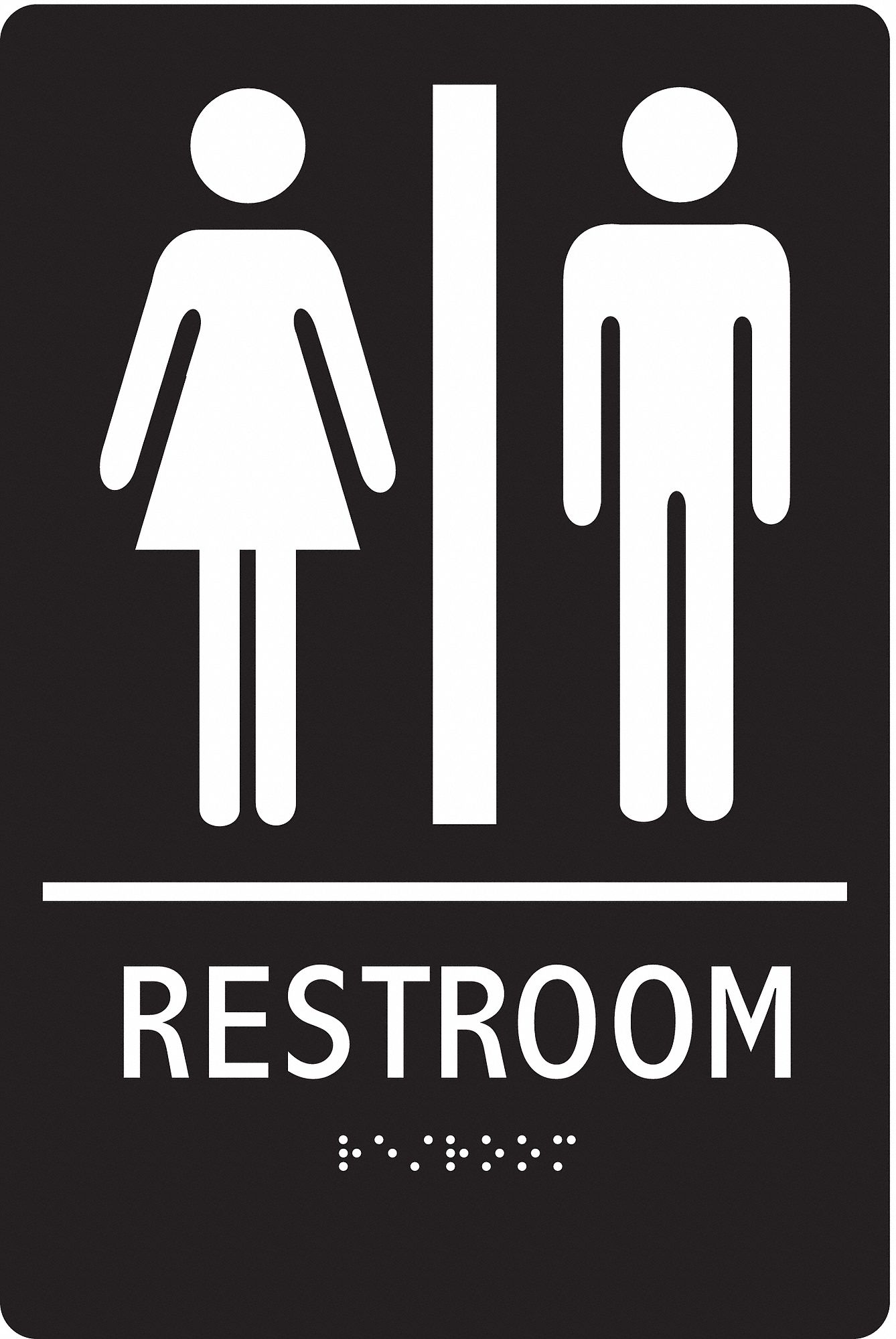 ADA Braille Facility Sign: ABS Plastic, Adhesive Sign Mounting, 9 in x 6 in Nominal Sign Size, Black