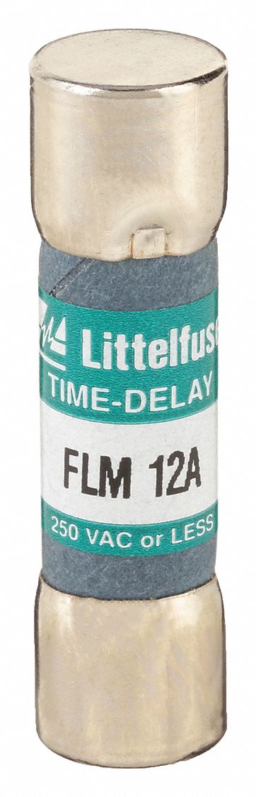 Fuse: FLM Series, Midget, Time-Delay, 12 A, 250 V AC, 13/32 in x 1 1/2 in, Non-Indicating