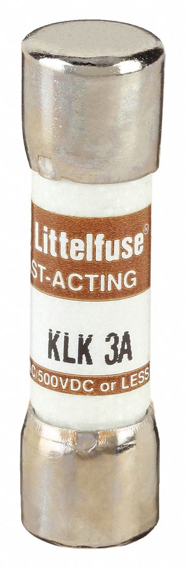 Fuse: KLK Series, Midget, Fast-Acting, 3 A, 600 V AC, 500 V DC, 13/32 in x 1 1/2 in