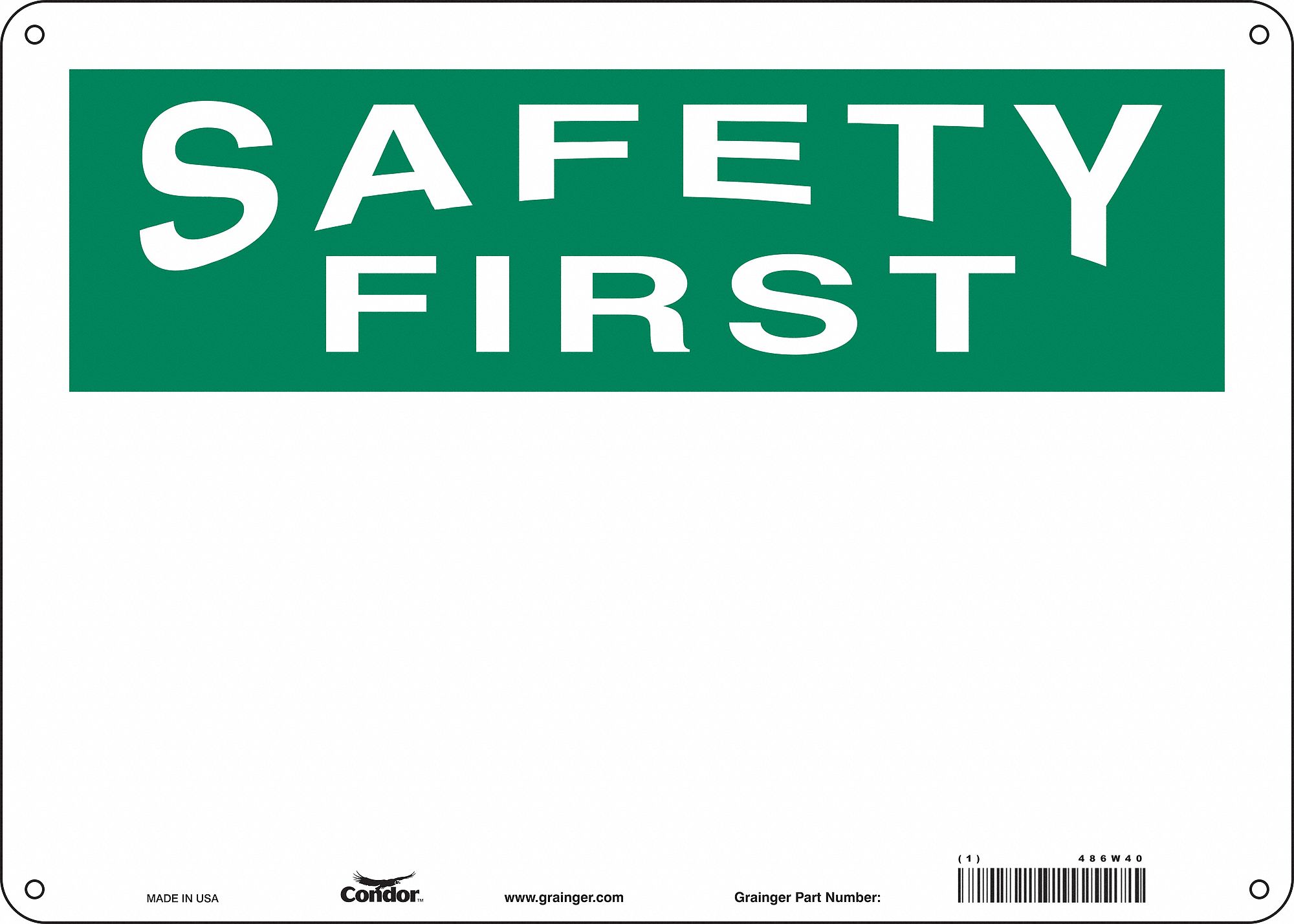 Safety Sign: Polyethylene, Mounting Holes Sign Mounting, 10 in x 14 in Nominal Sign Size, White