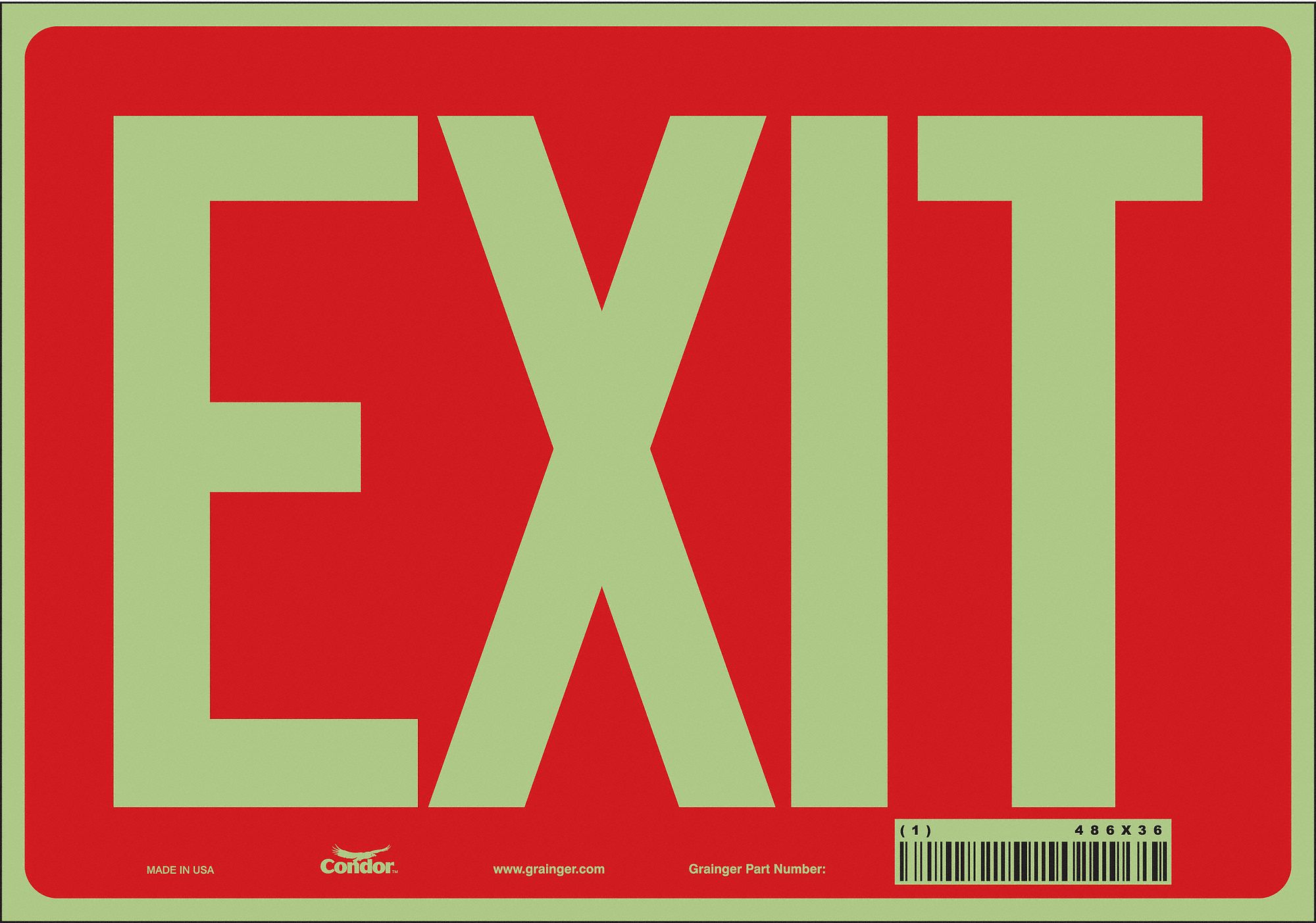 SAFETY SIGN, GLOW VINYL, ADHESIVE MOUNT, 7 IN X 10 IN NOMINAL SIGN SIZE, NOT RETROREFLECTIVE, EXIT