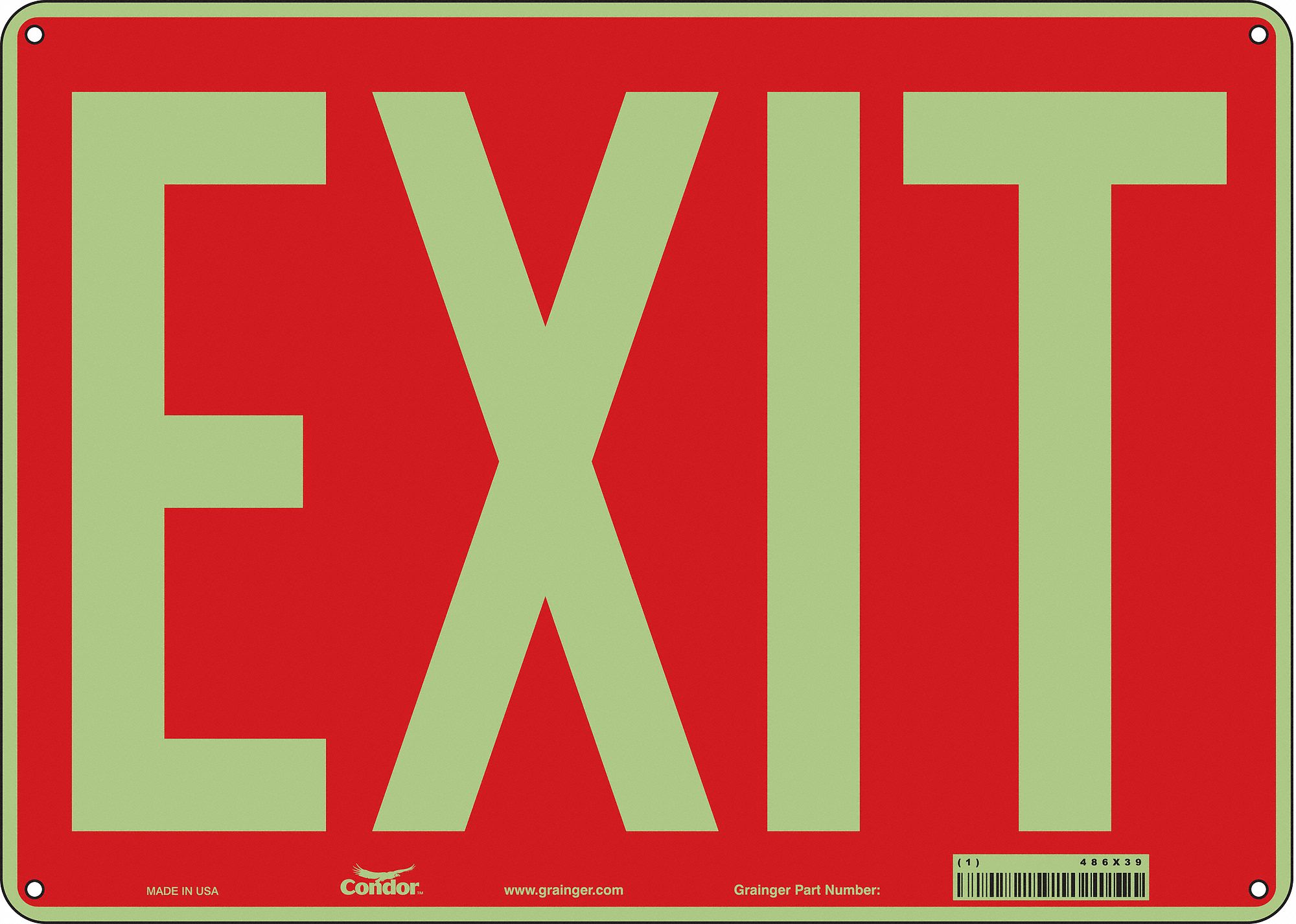 SAFETY SIGN, POLYETHYLENE, MOUNTING HOLES, 10 IN X 14 IN NOMINAL SIGN SIZE, EXIT, EXIT