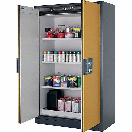 Flammables Safety Cabinet: Std EN-Rated, 75 gal, 25 in x 47 in x 77 in, Yellow, Self-Closing, 90 min