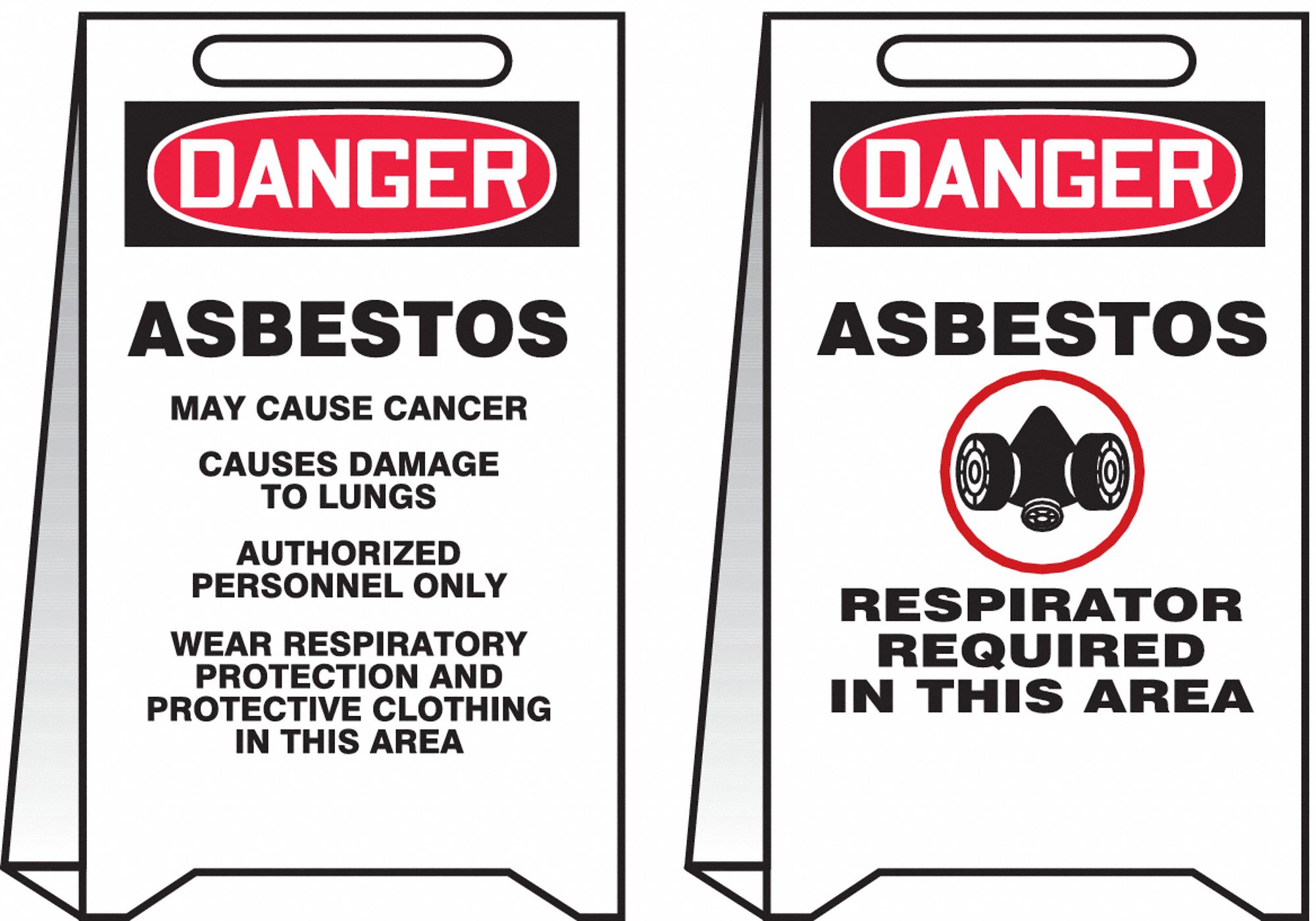FLOOR SIGN, PLASTIC, 20 IN X 12 IN X¼ IN NOMINAL SIGN SIZE, NOT RETROREFLECTIVE, WHITE, ASBESTOS MAY CAUSE CANCER