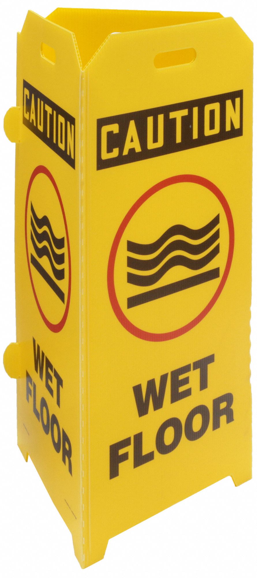 BARRICADE FLOOR SIGN, PLASTIC, 45 IN X 32 IN X¼ IN NOMINAL SIGN SIZE, YELLOW, WET FLOOR