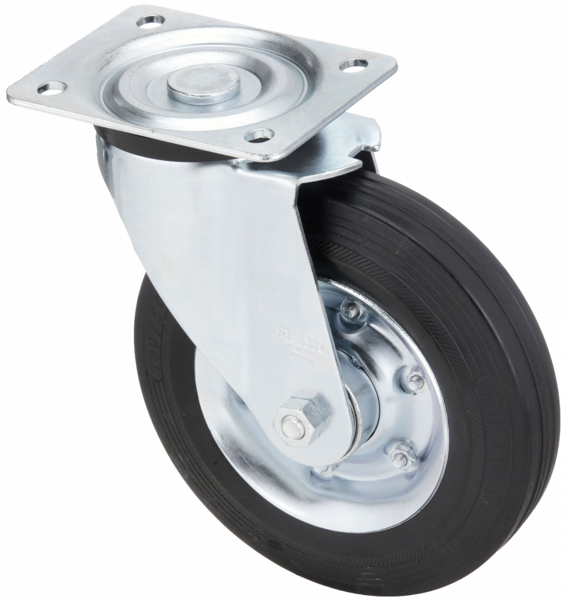 Plate Caster: Swivel, Steel, 8 in Wheel Dia., 2 in Wheel Wd, 9 1/4 in Mounting Ht