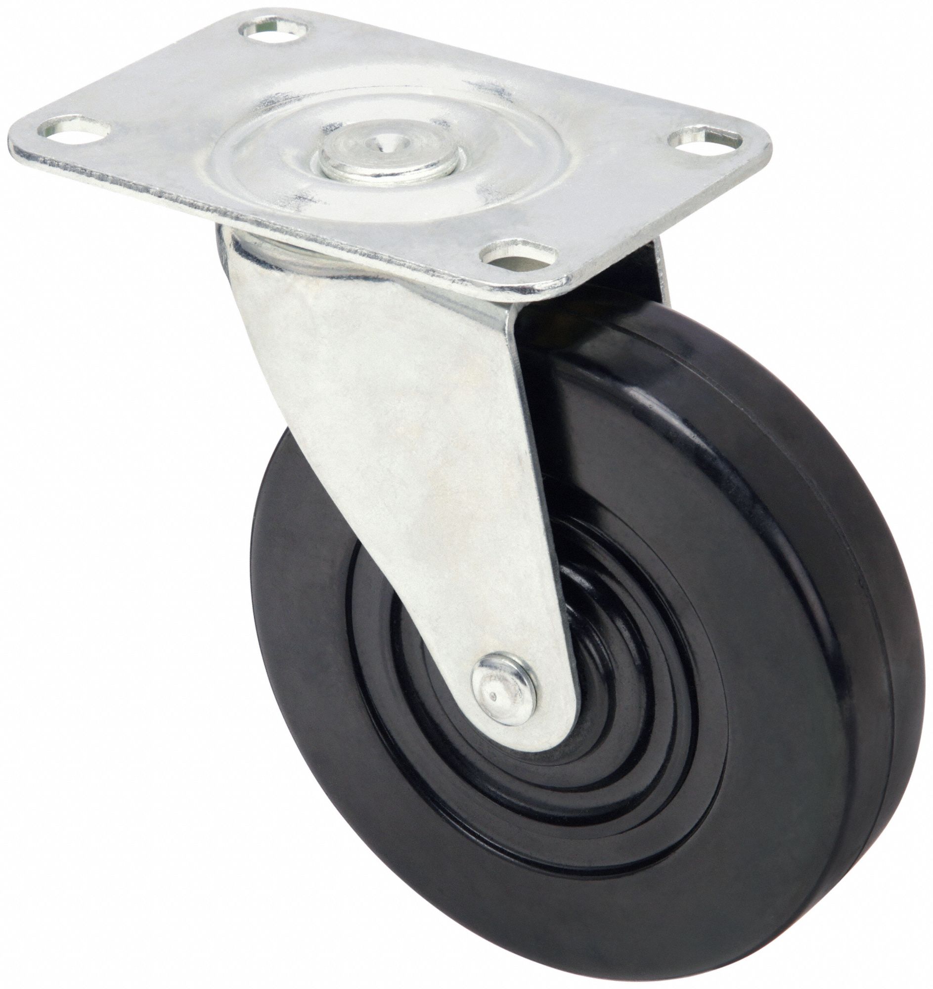 Plate Caster: Swivel, No Brake, Rubber, 4 in Wheel Dia, 15/16 in Wheel Wd, Hole