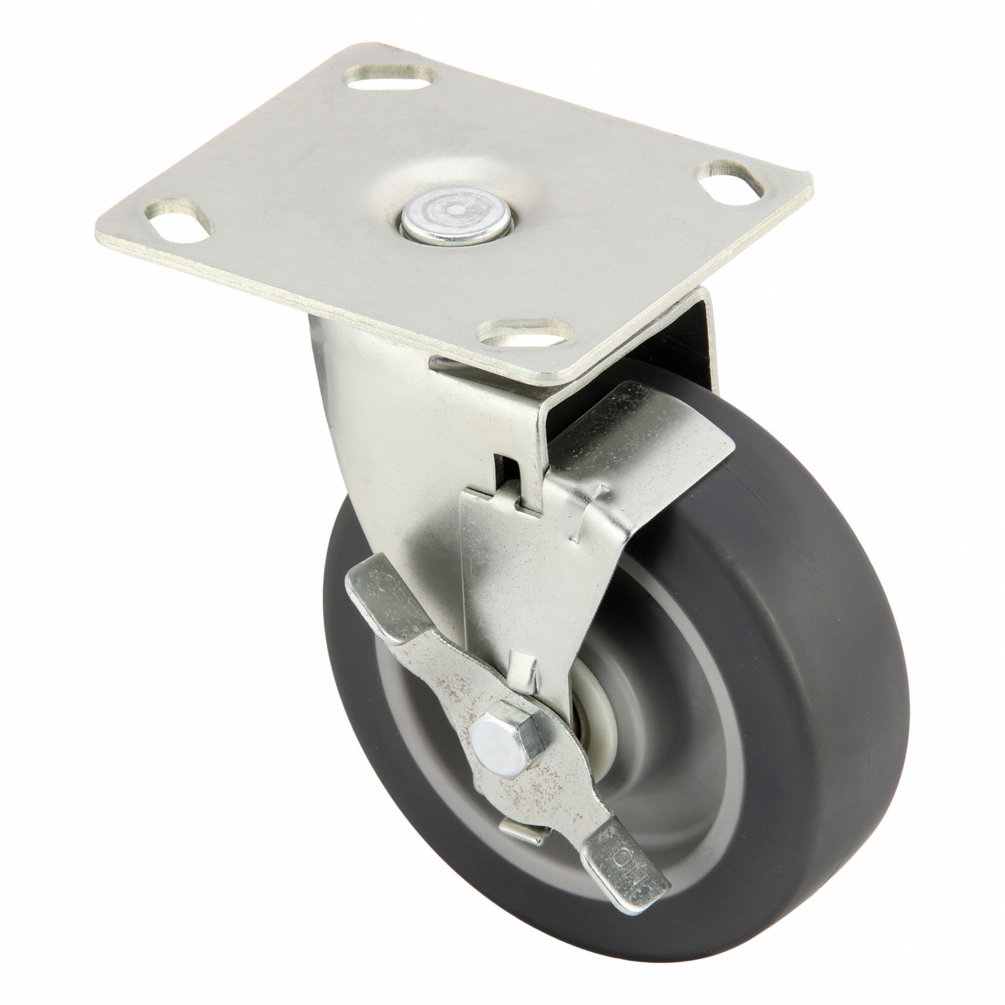 Plate Caster: Swivel, Side Brake, Rubber, 5 in Wheel Dia, 1 5/16 in Wheel Wd, Slot