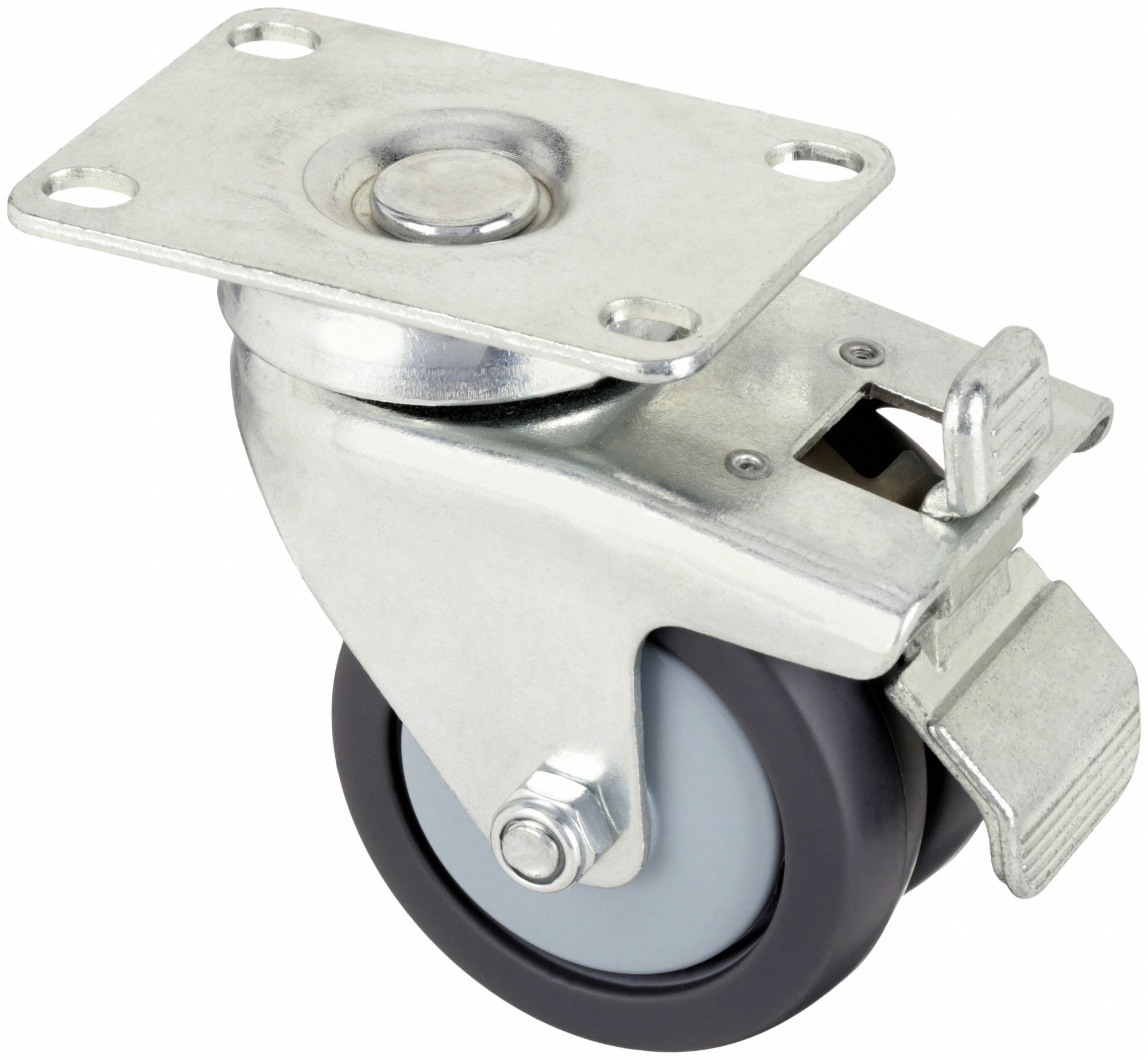 Plate Caster: Swivel, Total Lock, Rubber, 3 in Wheel Dia, 29/32 in Wheel Wd, Slot