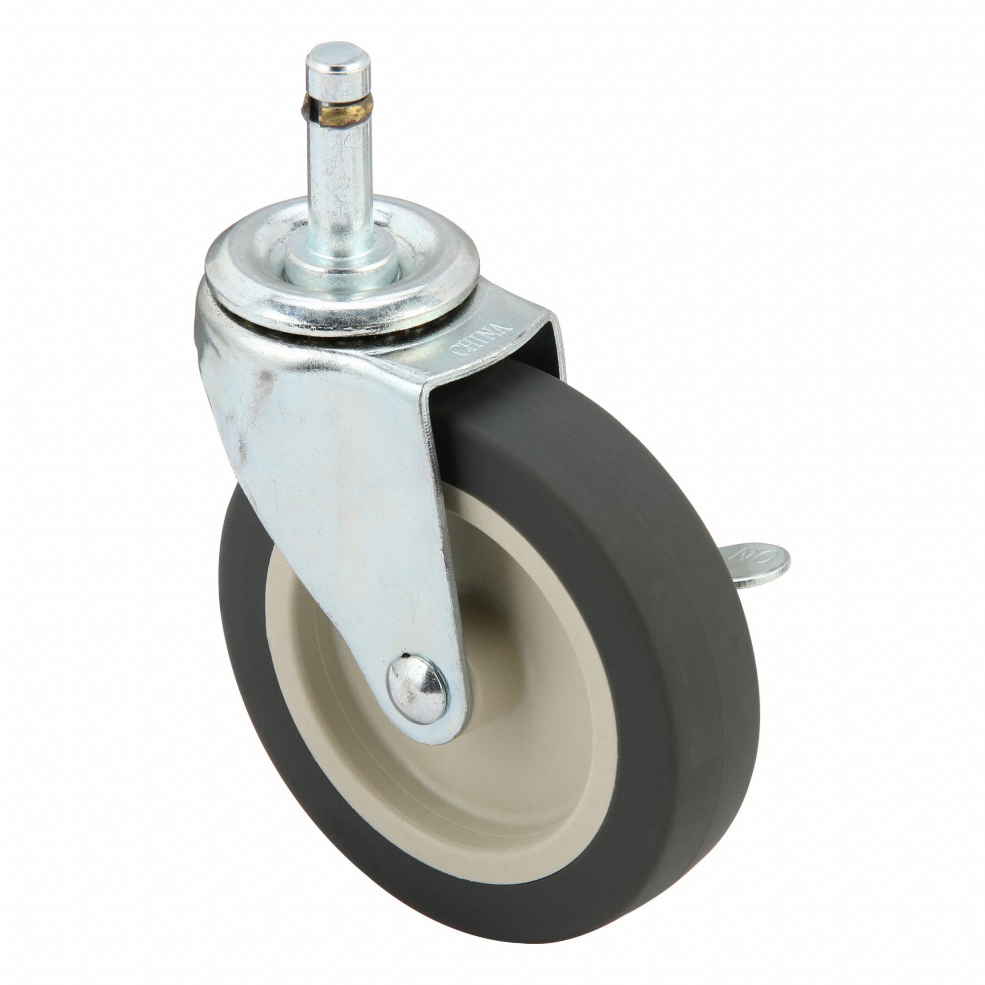 Stem Caster: Swivel, Side Brake, 4 in Wheel Dia., 1 in Wheel Wd, Polyurethane, Black