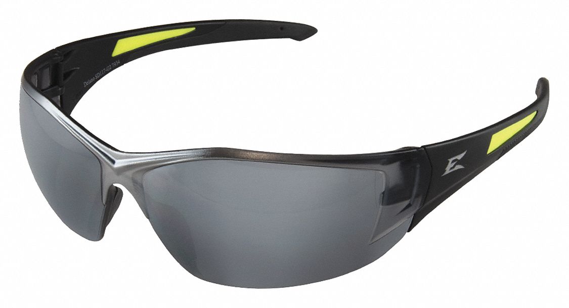 Safety Glasses: Silver Lens, Full-Frame, Mirrored, Metal Detectable, Black Frame