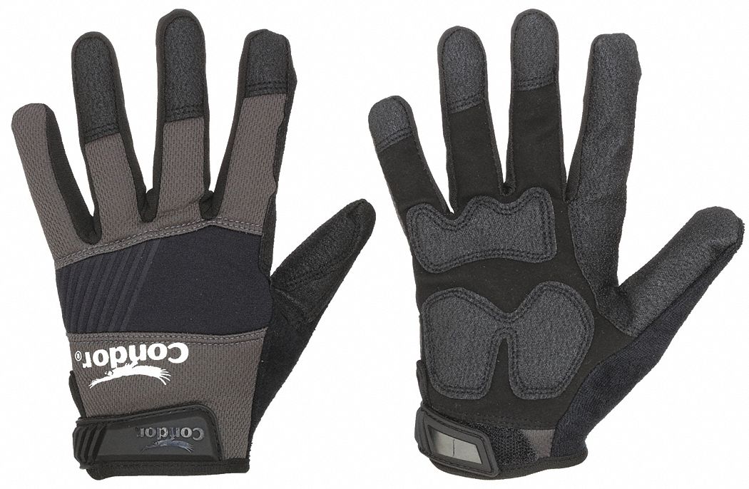 Mechanics Gloves: 2XL ( 12 ), Mechanics Glove, Full Finger, Hook-and-Loop Cuff, Black, 1 PR