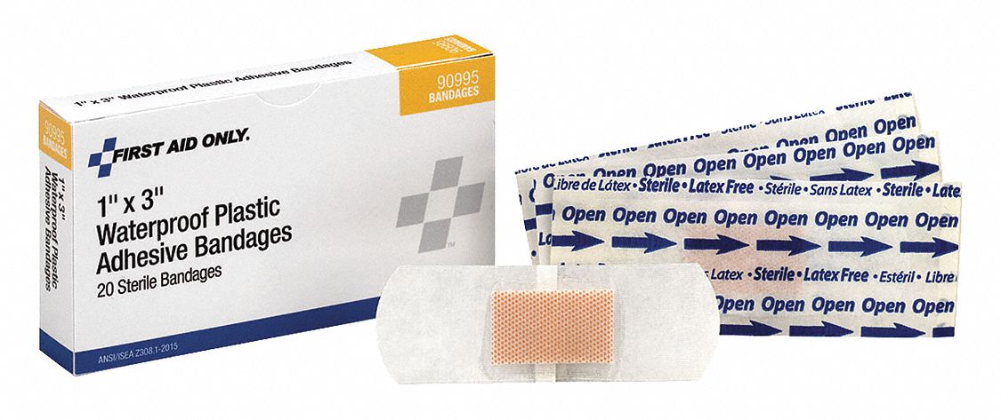 Adhesive Bandage: Strip Bandages, 1 in Wd, 3 in Lg, Not Metal Detectable, Plastic