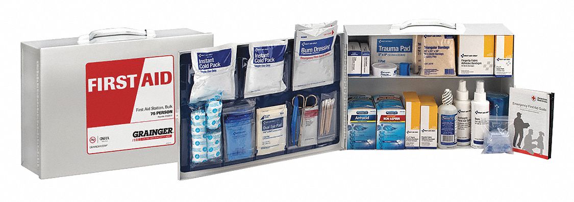 First Aid Kit and Housing: Gen Purpose, 75 People Served, 330 Components, Metal