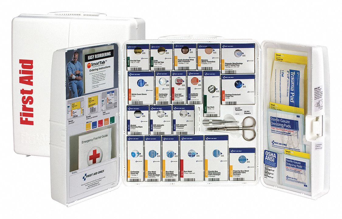 First Aid Kit and Housing: Gen Purpose, 100 People Served, 251 Components, Plastic