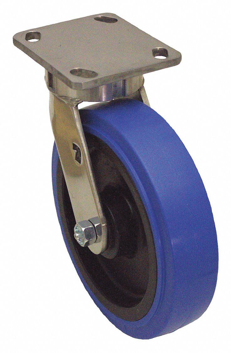 Plate Caster: Corrosion-Resistant, Swivel, Polyurethane, 5 in Wheel Dia, Rectangle