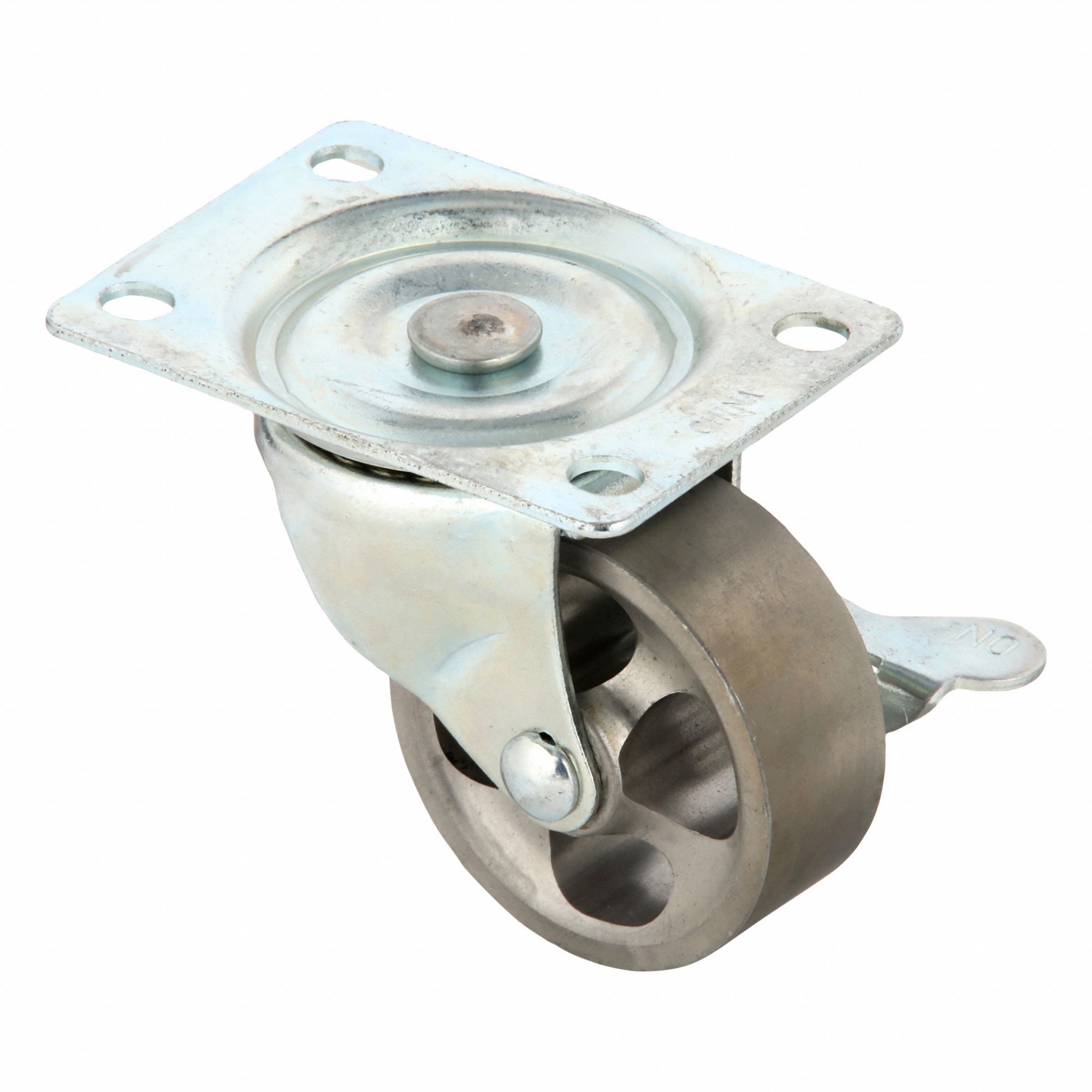 Plate Caster: Swivel, Side Brake, Iron, 2 1/2 in Wheel Dia, 1 in Wheel Wd, Hole