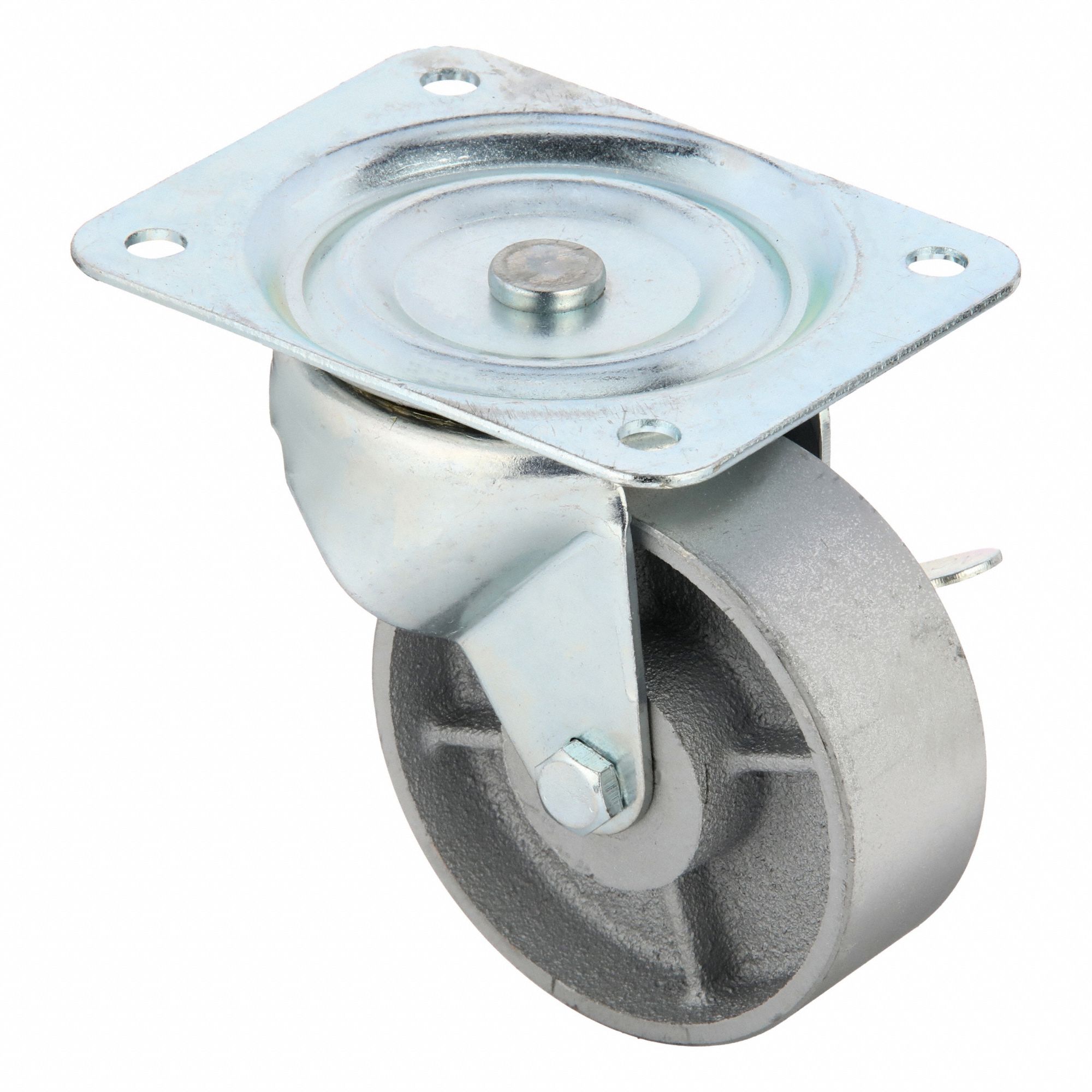 Plate Caster: Swivel, Side Brake, Iron, 4 in Wheel Dia, 1 5/16 in Wheel Wd, Hole