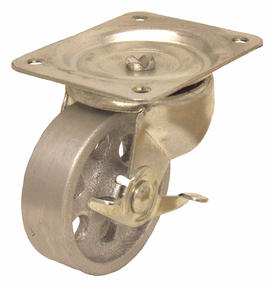 STANDARD PLATE CASTER, 4 IN WHEEL DIAMETER, 250 LB, 5 IN MOUNTING H, IRON, EXTRA HARD