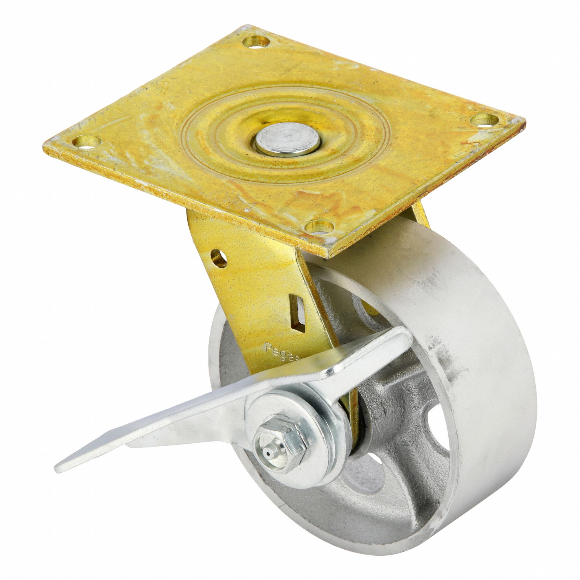 Plate Caster: Swivel, Side Brake, Iron, 5 in Wheel Dia, 2 in Wheel Wd, Slot, Roller