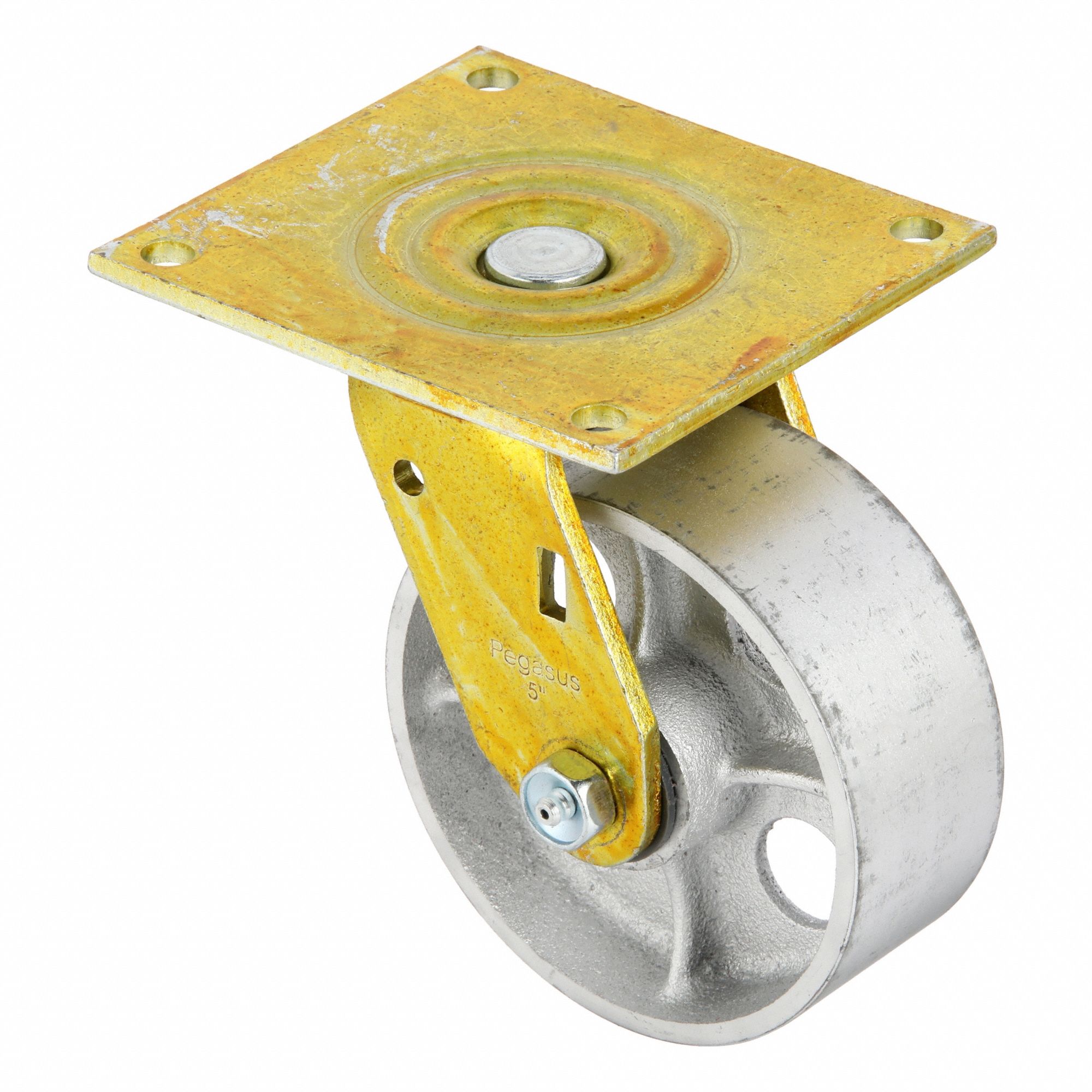 Plate Caster: Swivel, No Brake, Iron, 5 in Wheel Dia, 2 in Wheel Wd, Slot, Rectangle