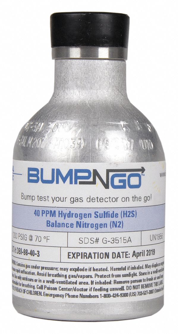 CALIBRATION GAS, H2S, C-10 CONNECTION, 1200PSI, 3-27/32X1.9IN, ALUMINUM, 6 PK