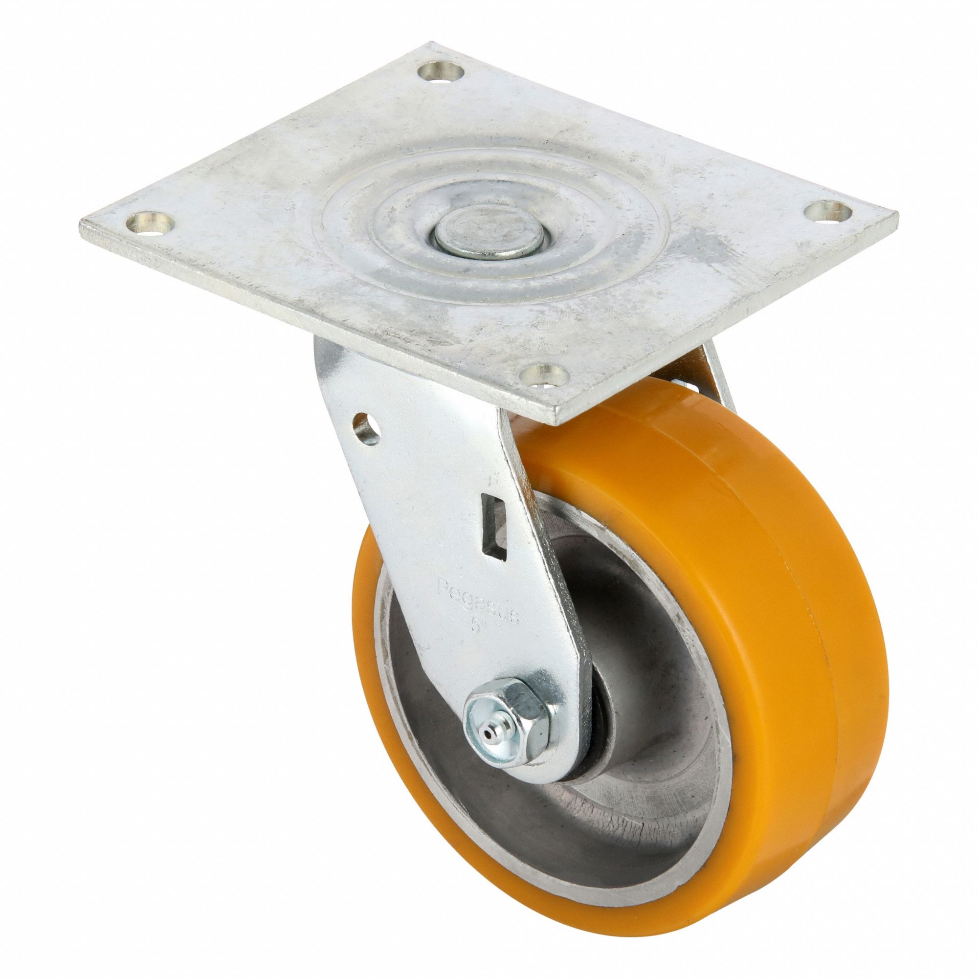 Plate Caster: Swivel, No Brake, Polyurethane, 5 in Wheel Dia, 2 in Wheel Wd, Hole