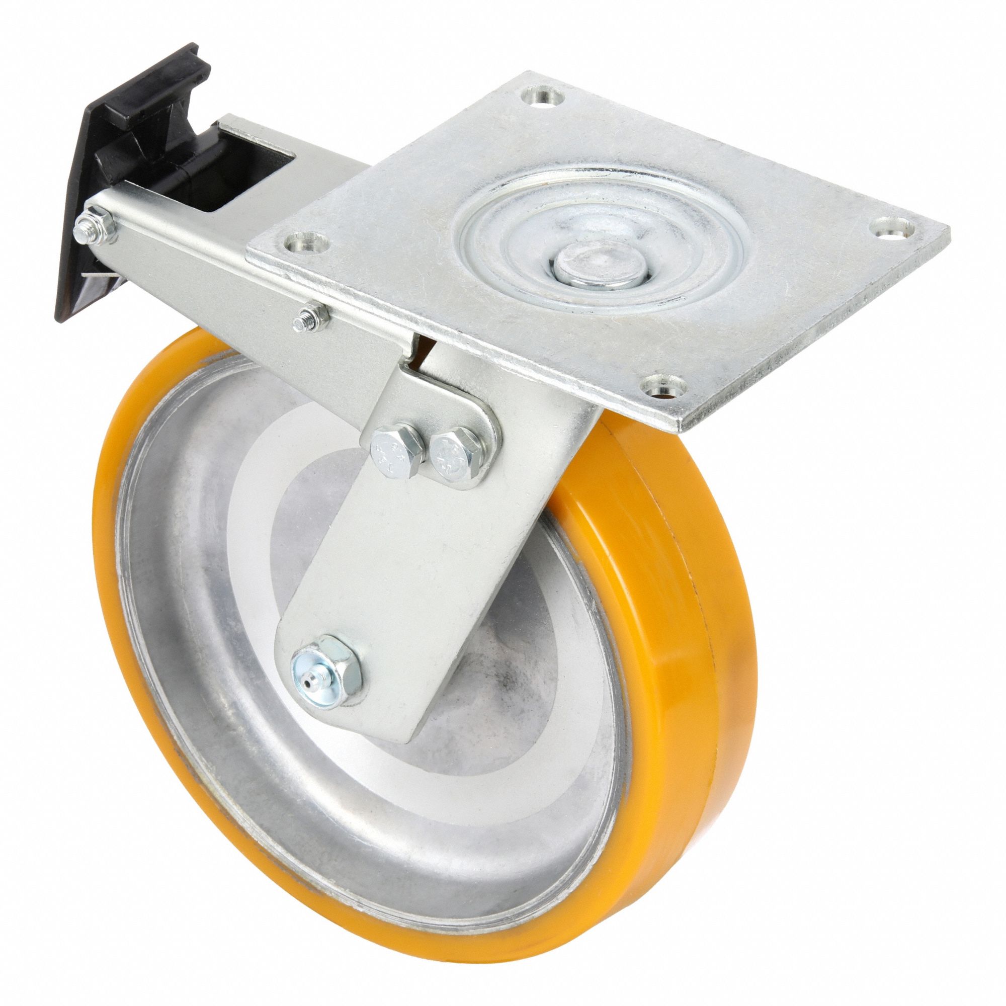 Plate Caster: Swivel, Total Lock, Polyurethane, 8 in Wheel Dia, 2 in Wheel Wd, Hole