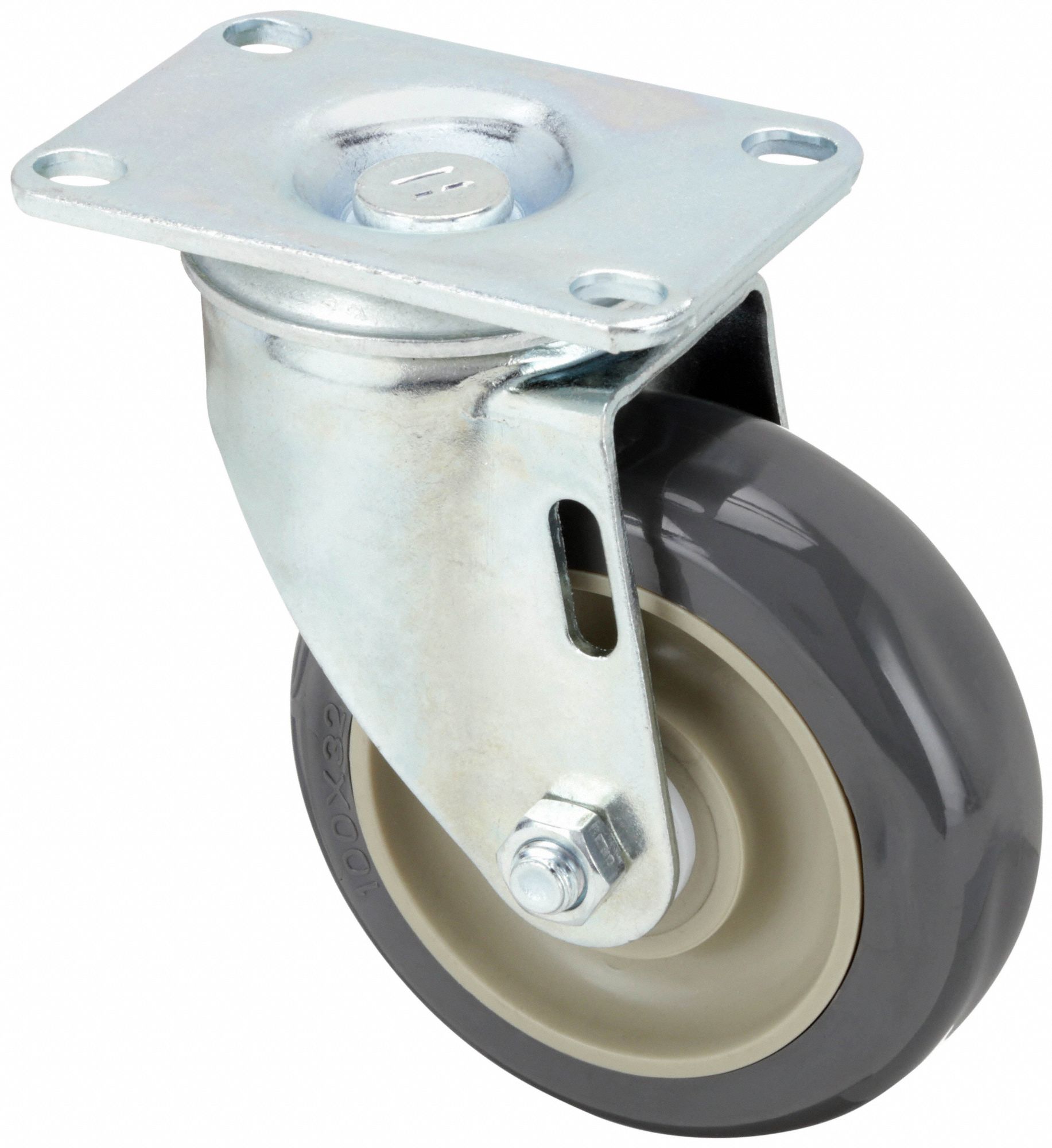 Plate Caster: Swivel, No Brake, Polyurethane, 4 in Wheel Dia, 1 1/4 in Wheel Wd