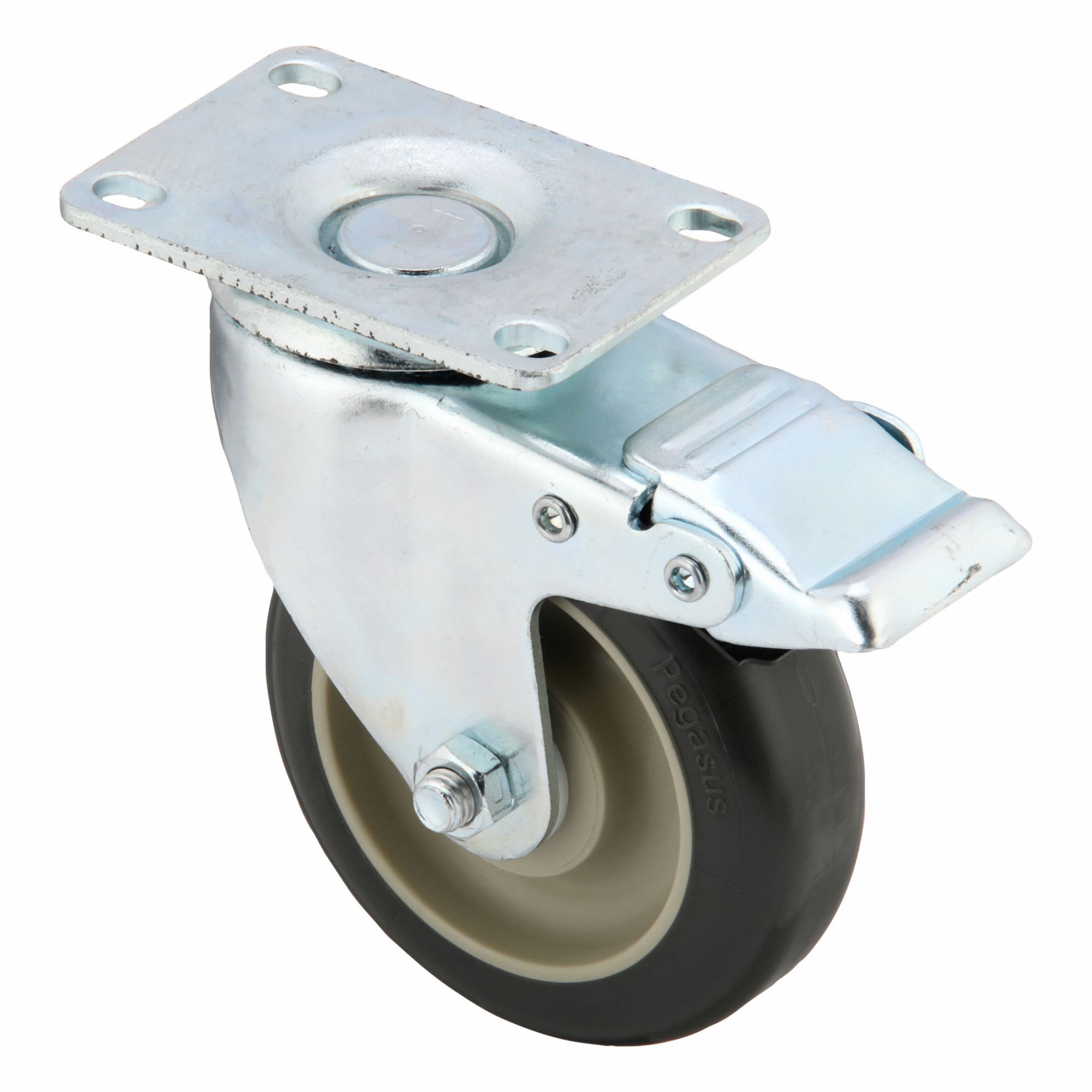 Plate Caster: Swivel, Total Lock, Polyurethane, 4 in Wheel Dia, 1 1/4 in Wheel Wd