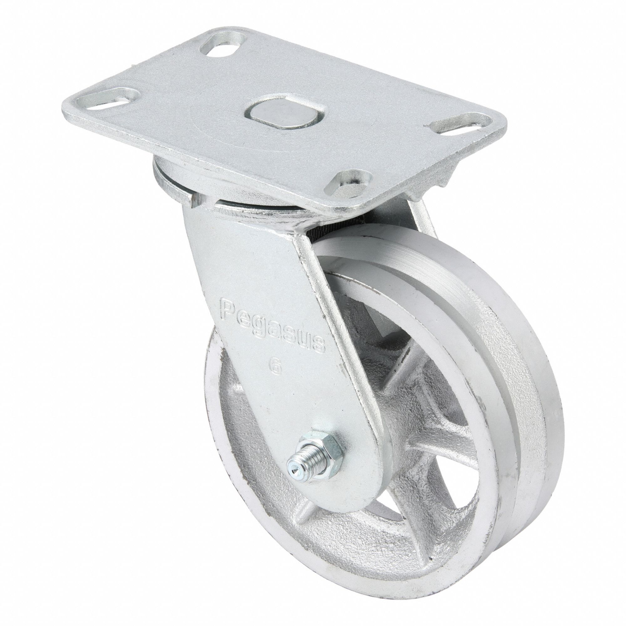Plate Caster: Swivel, Iron, 6 in Wheel Dia, 2 in Wheel Wd, 8 in Mounting Ht, Slot
