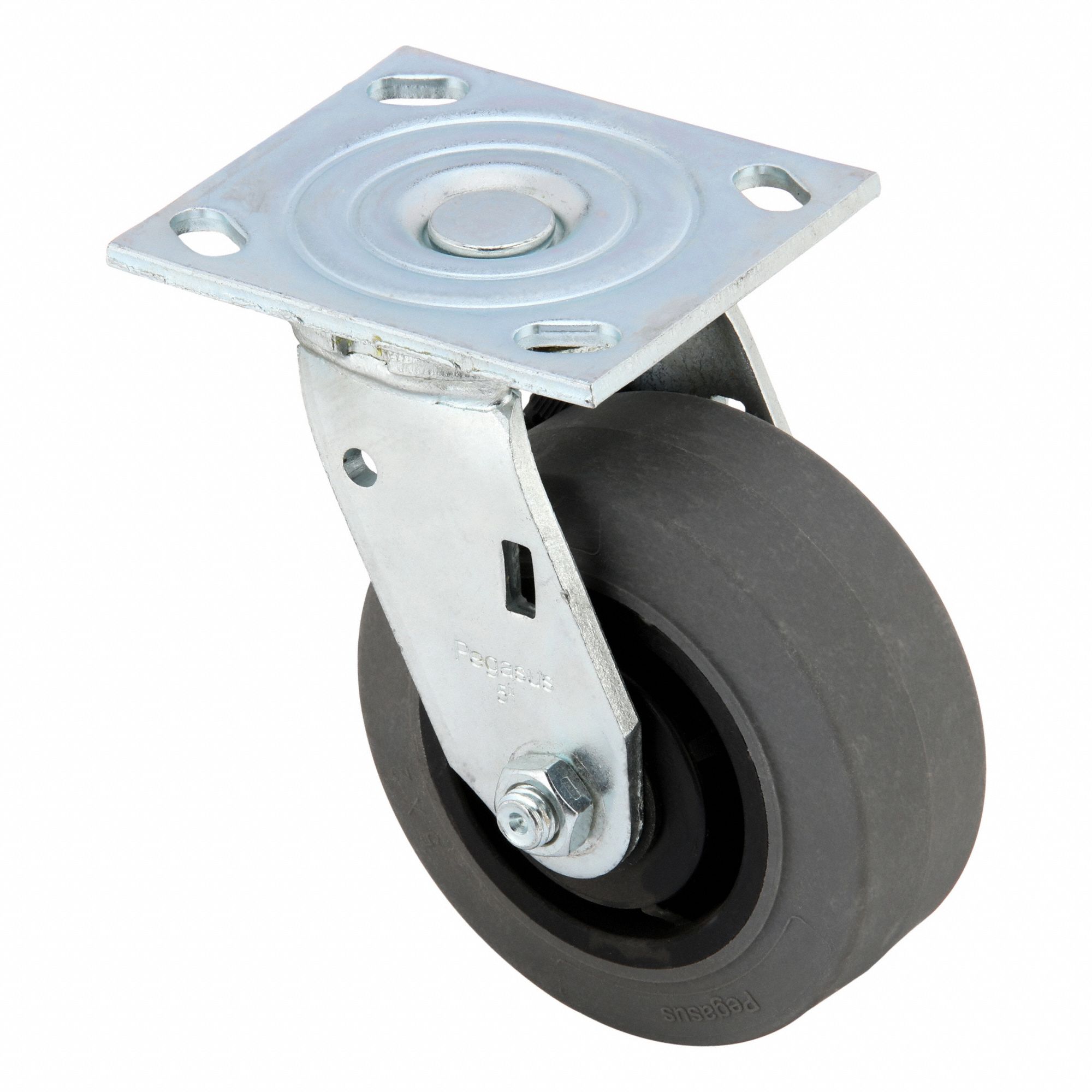 Plate Caster: Swivel, No Brake, Rubber, 5 in Wheel Dia, 2 in Wheel Wd, Slot, Roller