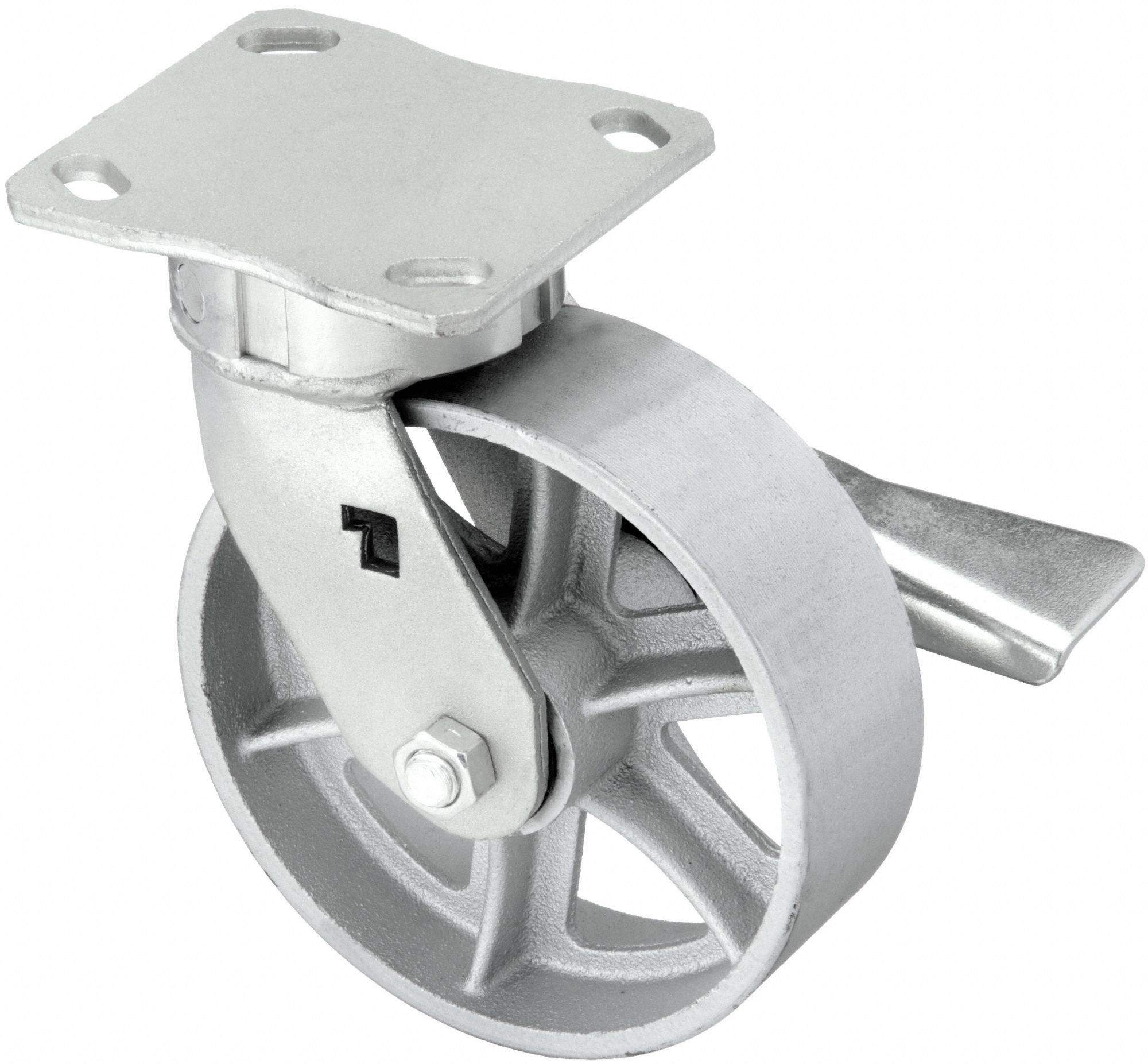 KINGPINLESS PLATE CASTER, 8 IN WHEEL DIAMETER, 1400 LB, 9½ IN MOUNTING H, IRON