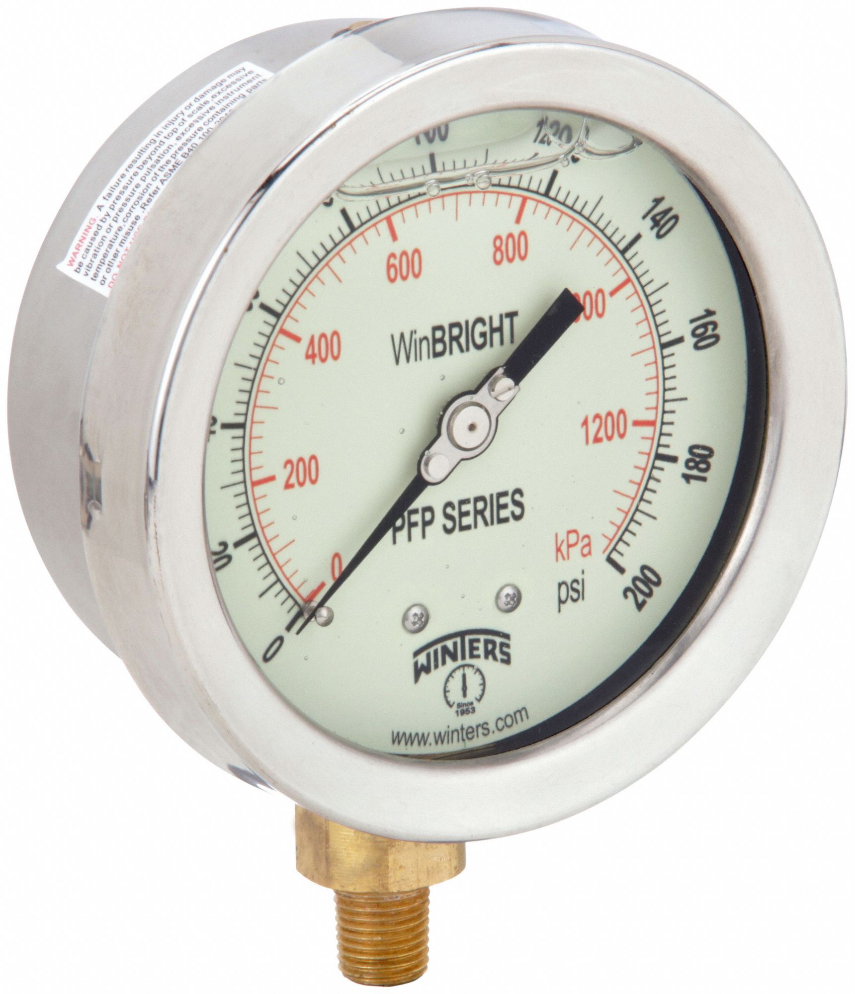 Industrial Pressure Gauge: 0 psi / Hg to 200 psi, 4 in Dial, 1/4 in NPT Male, Bottom, PFP