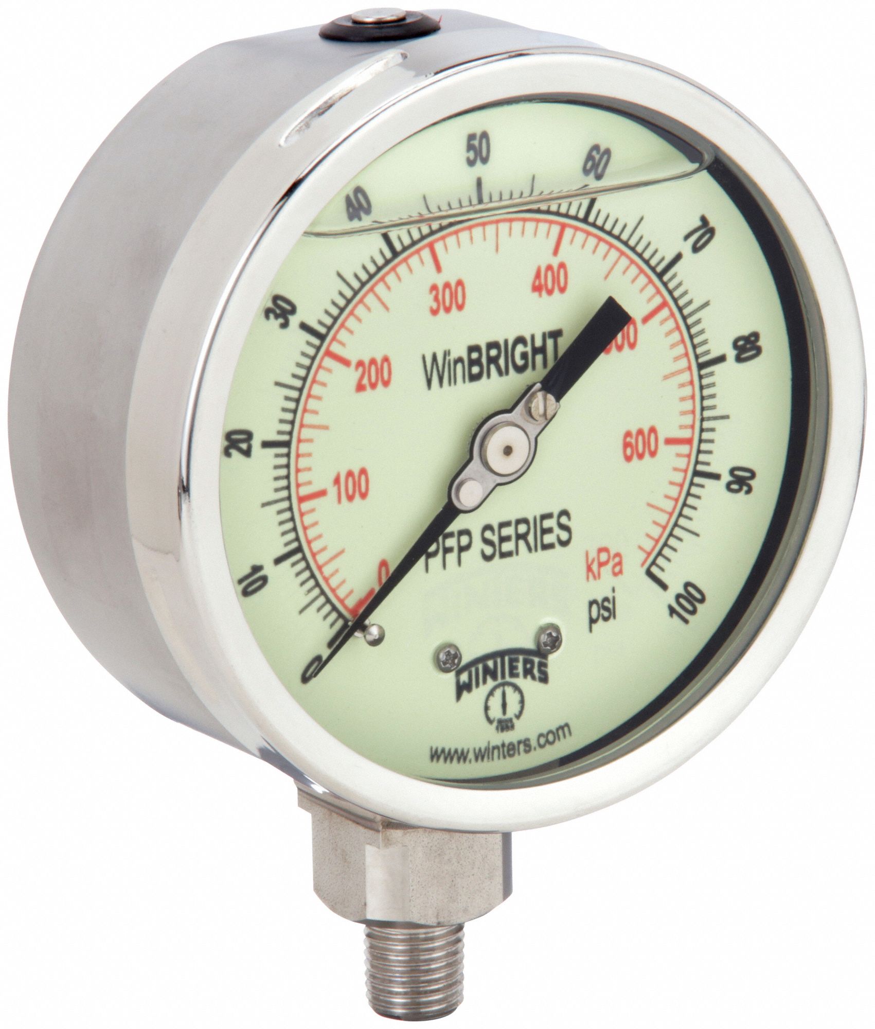Industrial Pressure Gauge: 0 psi / Hg to 100 psi, 4 in Dial, 1/4 in NPT Male, Bottom, PFP