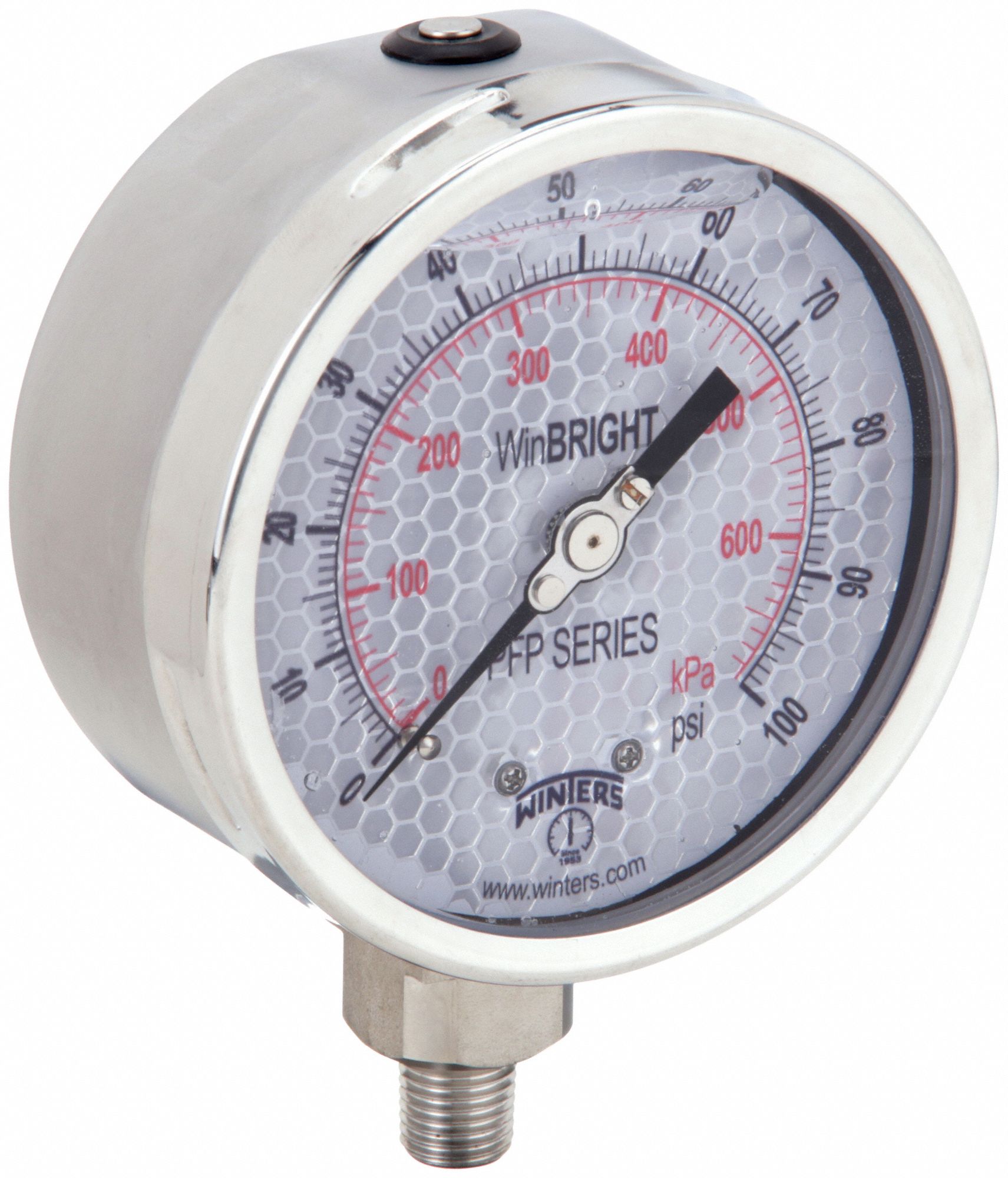 Industrial Pressure Gauge: 0 psi / Hg to 100 psi, 4 in Dial, 1/4 in NPT Male, Bottom, PFP